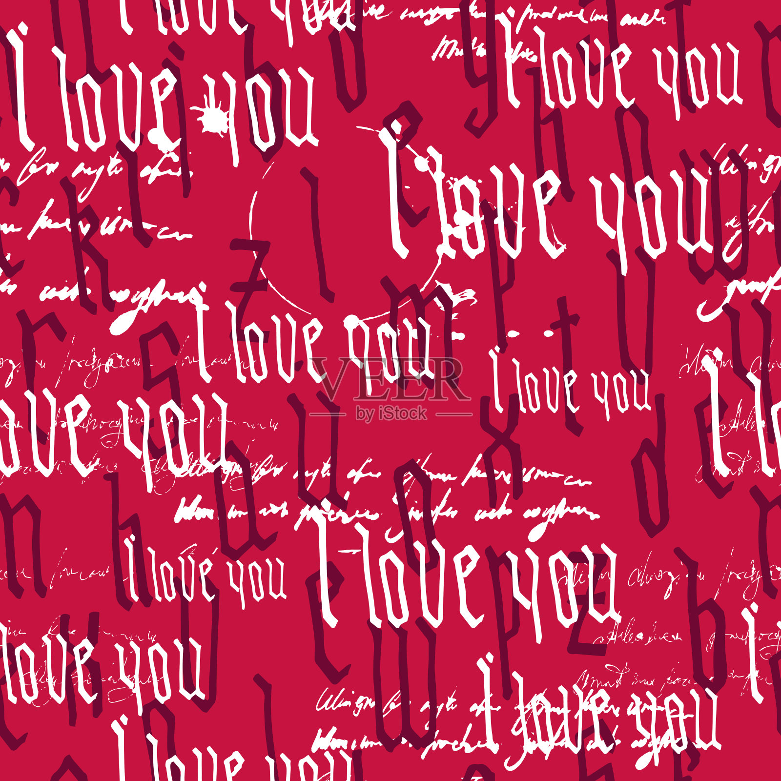 无缝图案哥特文字我爱你，手写文字。素描，涂鸦，字母，心形，情人节快乐。矢量插图粉红色背景设计元素图片