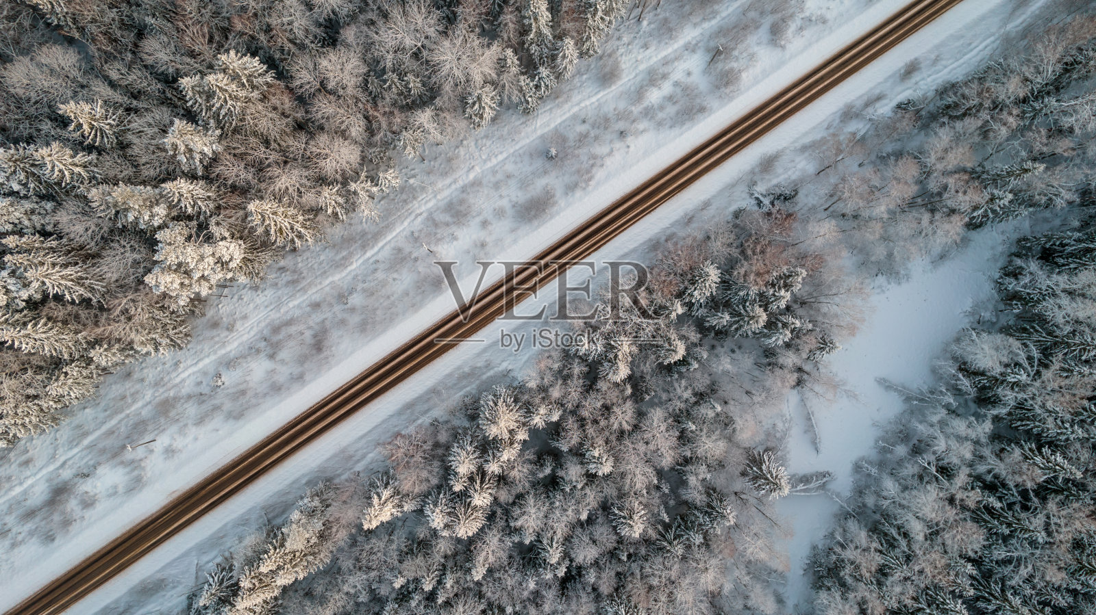 在冬天，航拍松树林和公路照片摄影图片