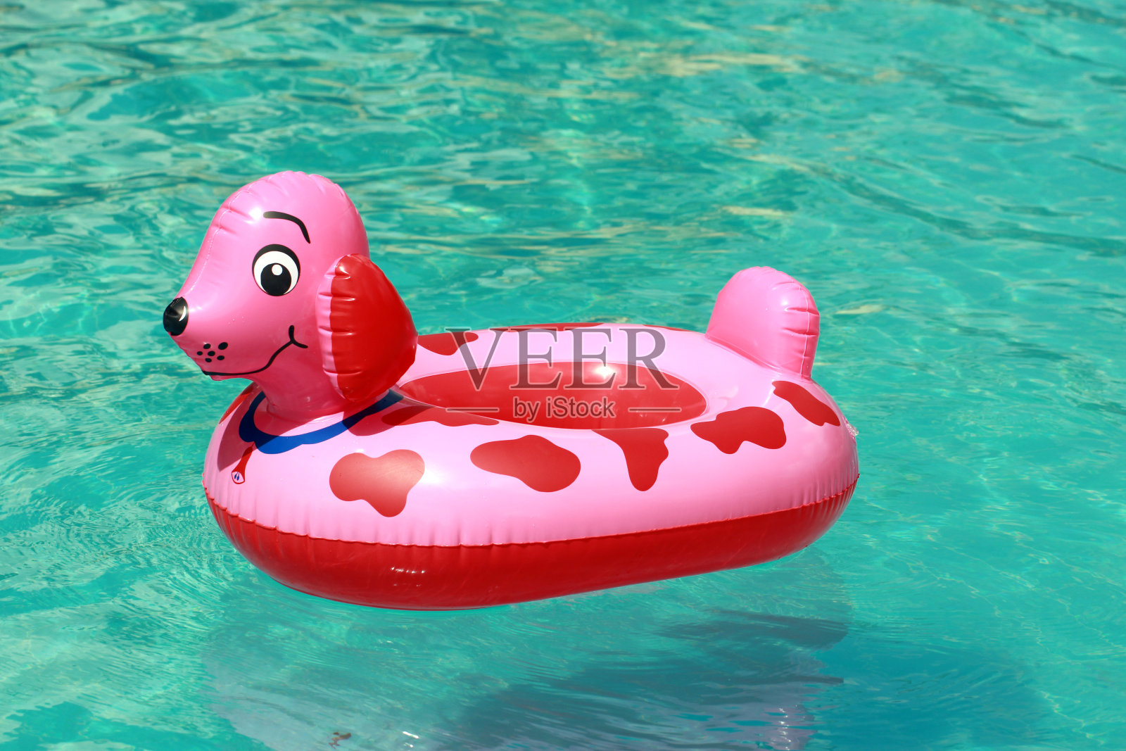 动物池浮环。孩子们游泳圈上有动物的头。婴儿水浮狗照片摄影图片