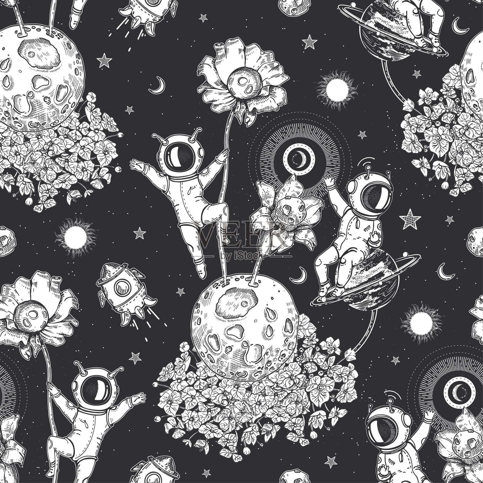 两个宇航员，行星和花。宇航员，花和行星。插画图片素材