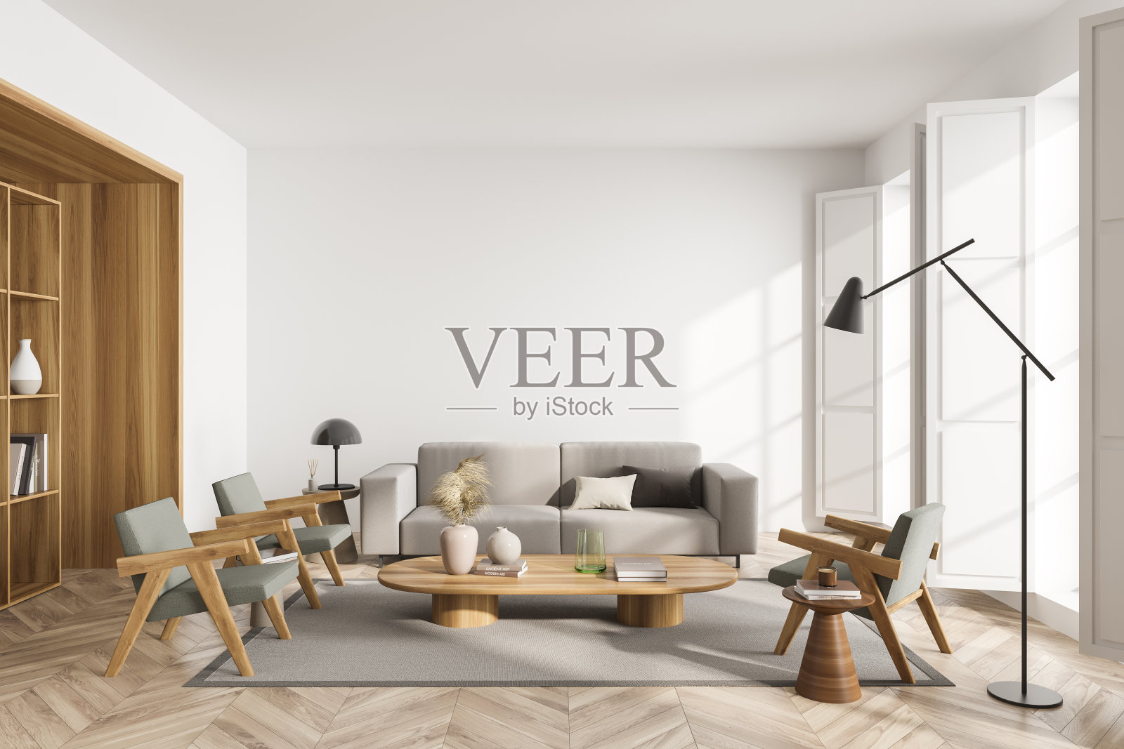 明亮的客厅内部，镶木地板上的沙发和扶手椅，模型照片摄影图片