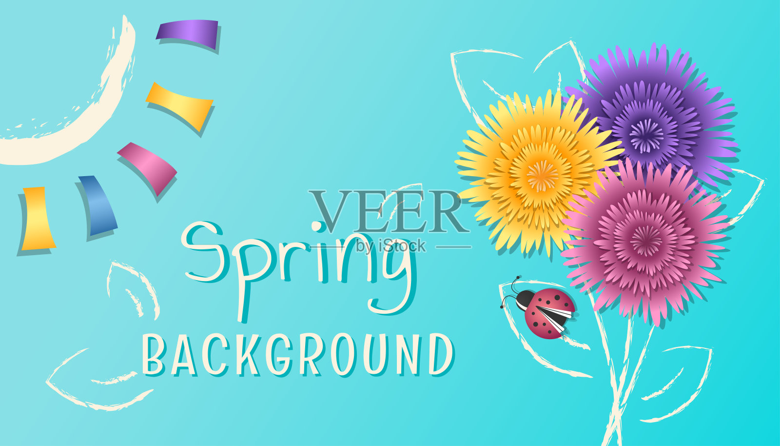 春天的背景。美丽的贺卡与彩色的花，植物，瓢虫，天空，树叶，阳光和问候文字。自然的概念。矢量模板横幅，卡片，海报插画图片素材