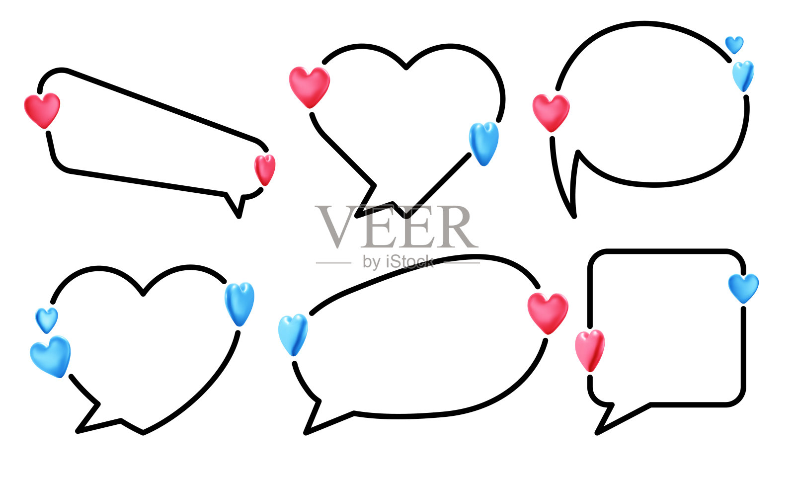 一组不同形状的语音泡泡与3d粉色和蓝色的心。插画图片素材