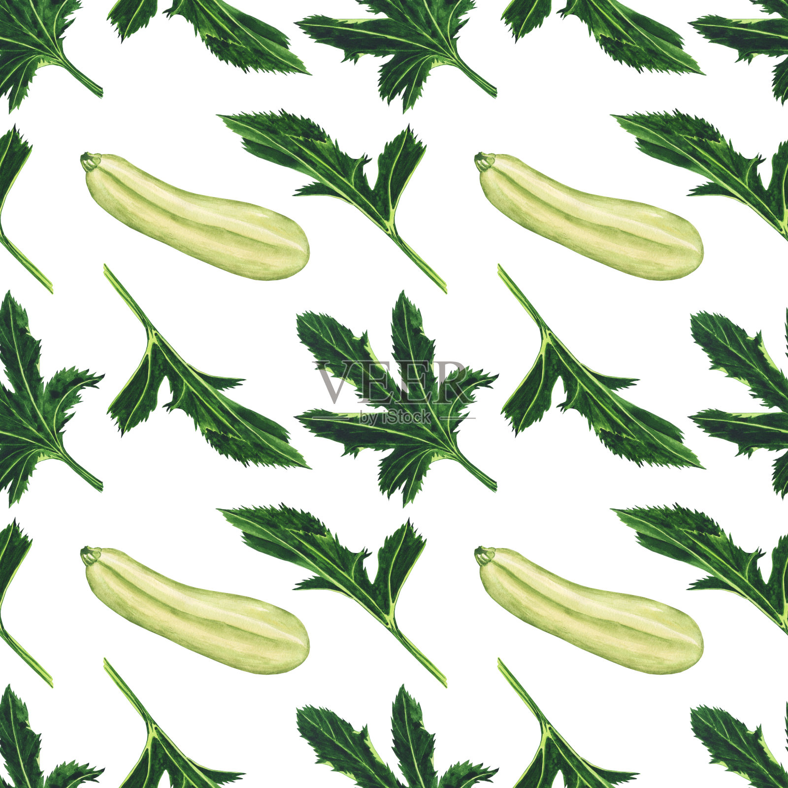 水彩画西葫芦与叶上无缝图案在白色背景上。水彩手绘插图。绿色蔬菜。完美的食物设计。插画图片素材