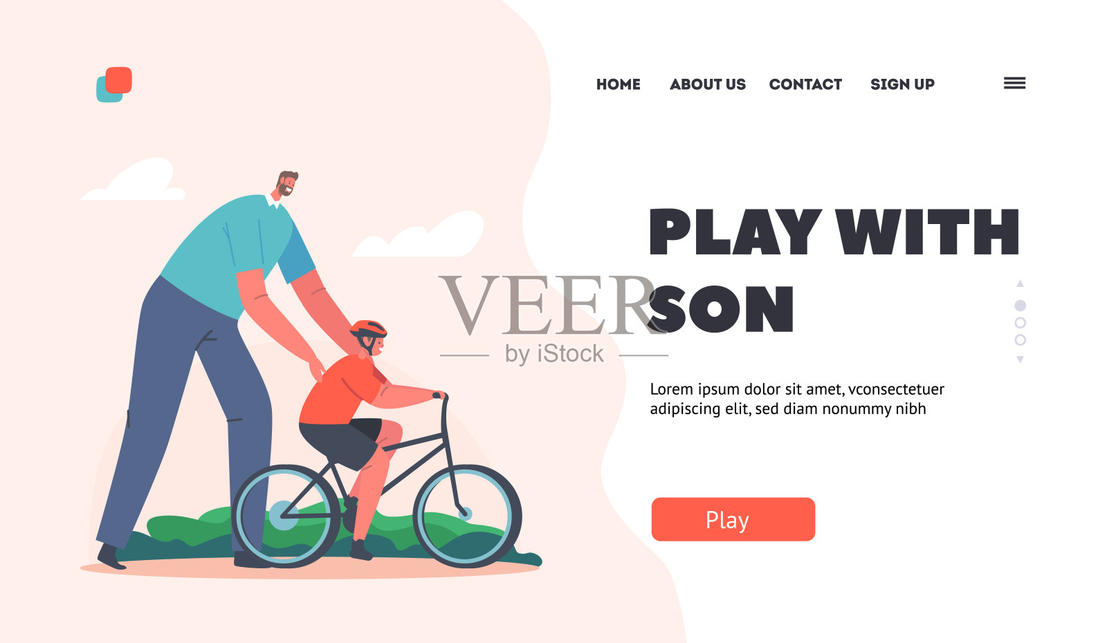 爸爸玩儿子登陆页面模板。养育,为父之道的概念。慈父教儿子骑自行车插画图片素材