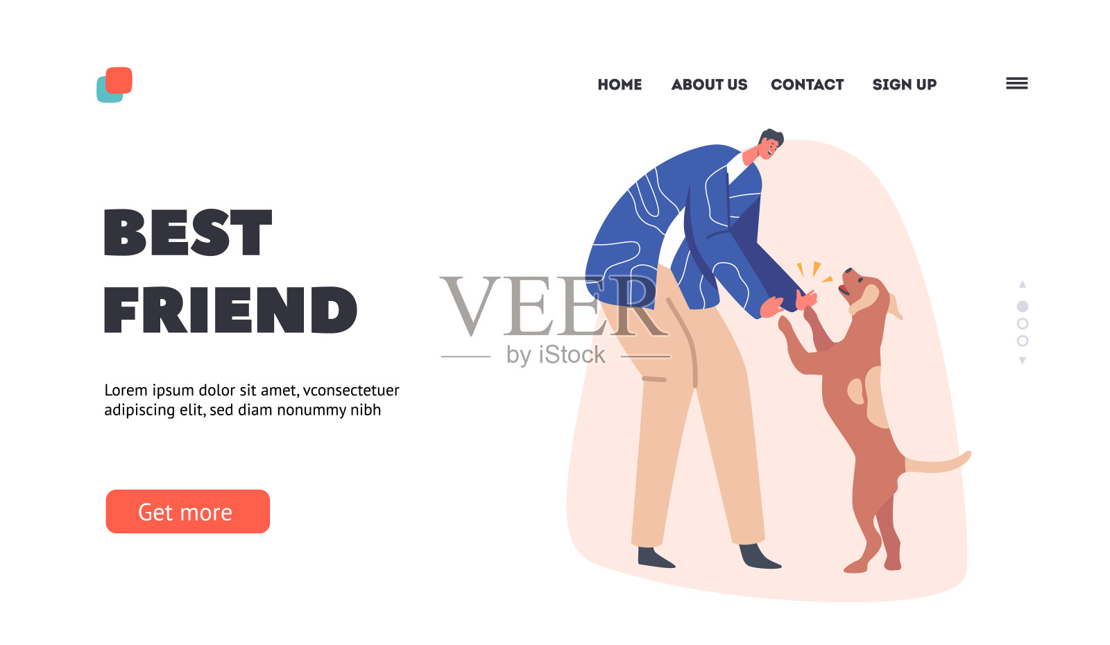 最好的朋友着陆页面模板。男主角抱着狗爪，主人下班后与宠物见面。与动物的友谊插画图片素材