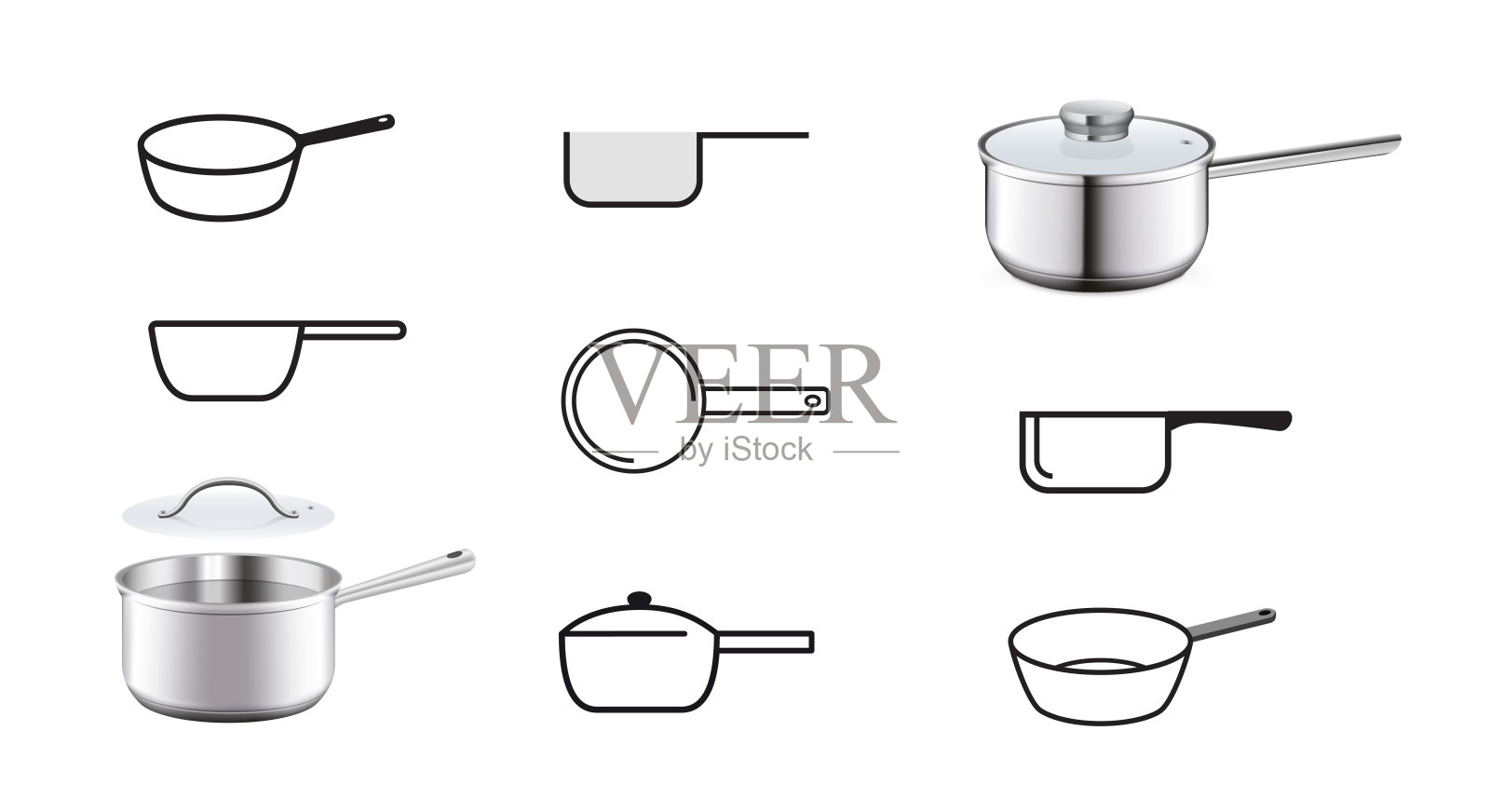 不同的炖锅图标集。图标素材