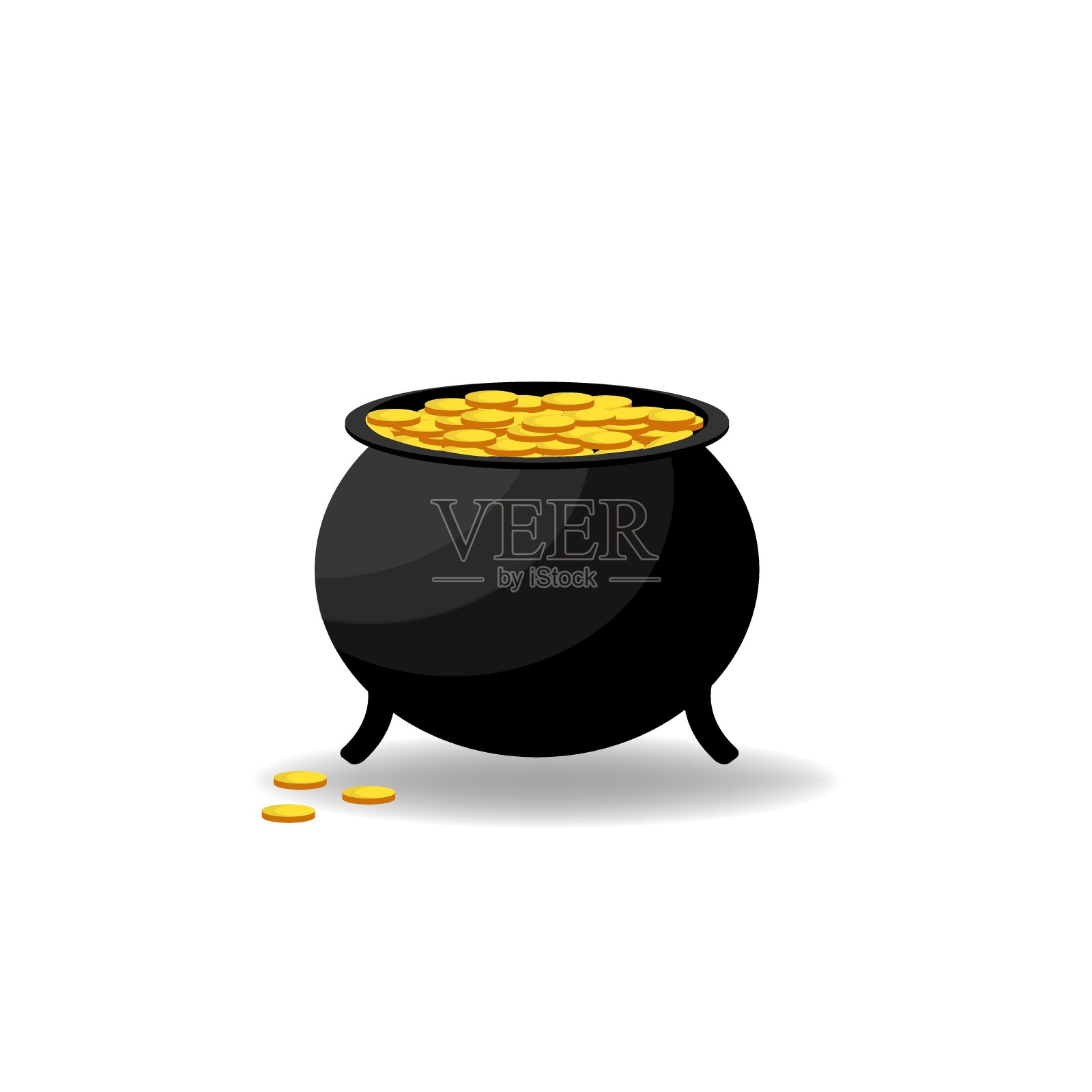 坩埚与金币孤立在白色的背景上，向量插画图片素材