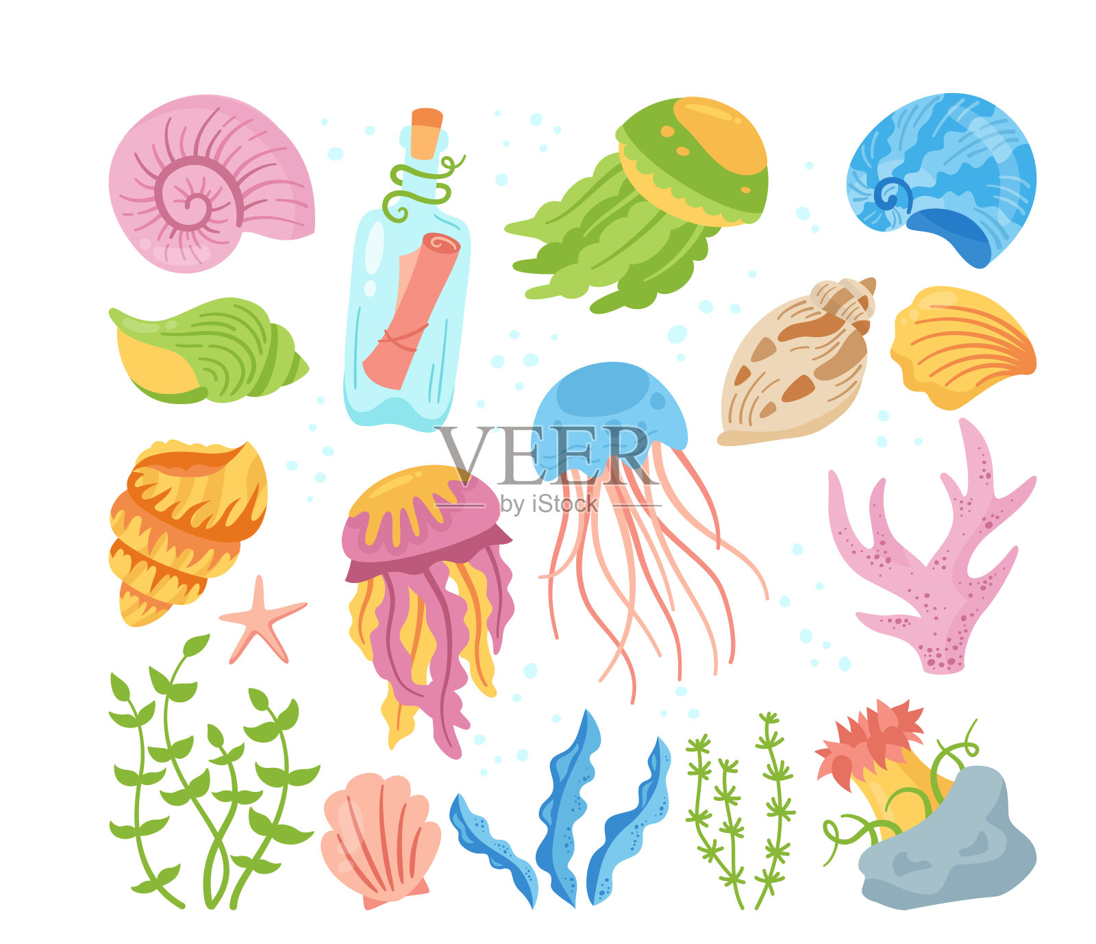 海贝卡通手绘集海洋海洋珊瑚信讯息贝壳海星海蜇矢量插画图片素材