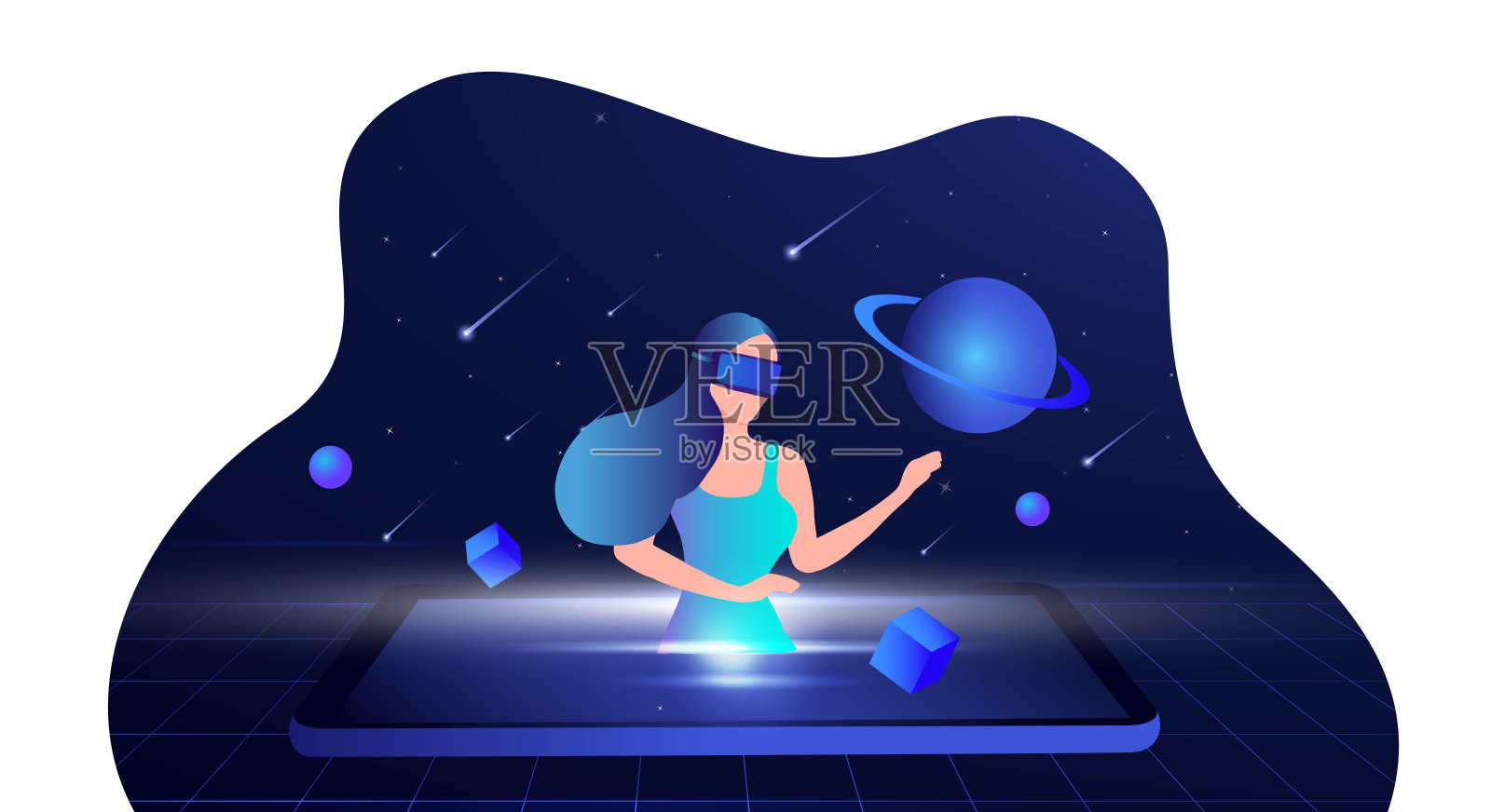 元宇宙数字虚拟现实和增强现实技术，女性戴着虚拟现实头戴眼镜连接虚拟空间和宇宙矢量插图插画图片素材