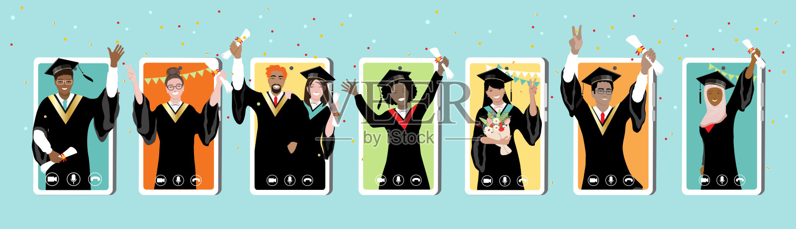 在电话屏幕上举行毕业虚拟会议插画图片素材