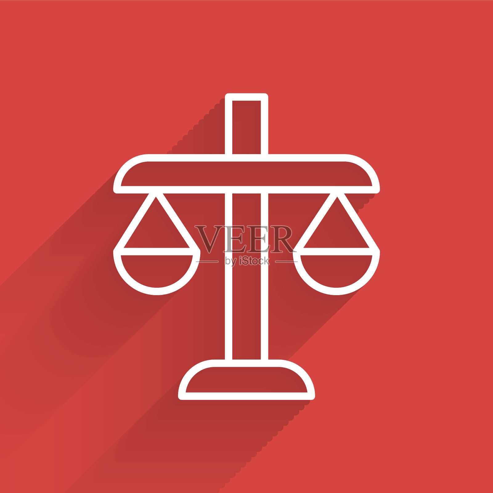 白线正义的天平图标孤立与长阴影。法庭符号。资产规模的迹象。向量插画图片素材