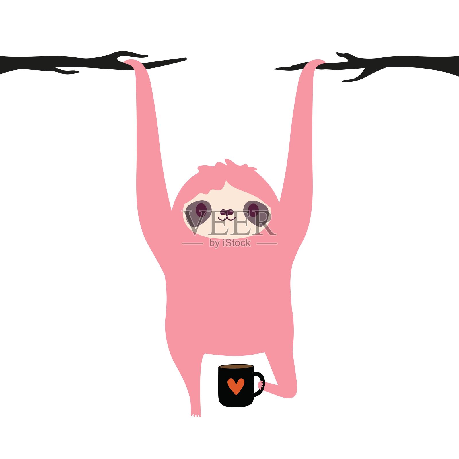 粉红色树懒的矢量插图，拿着一杯热饮。插画图片素材