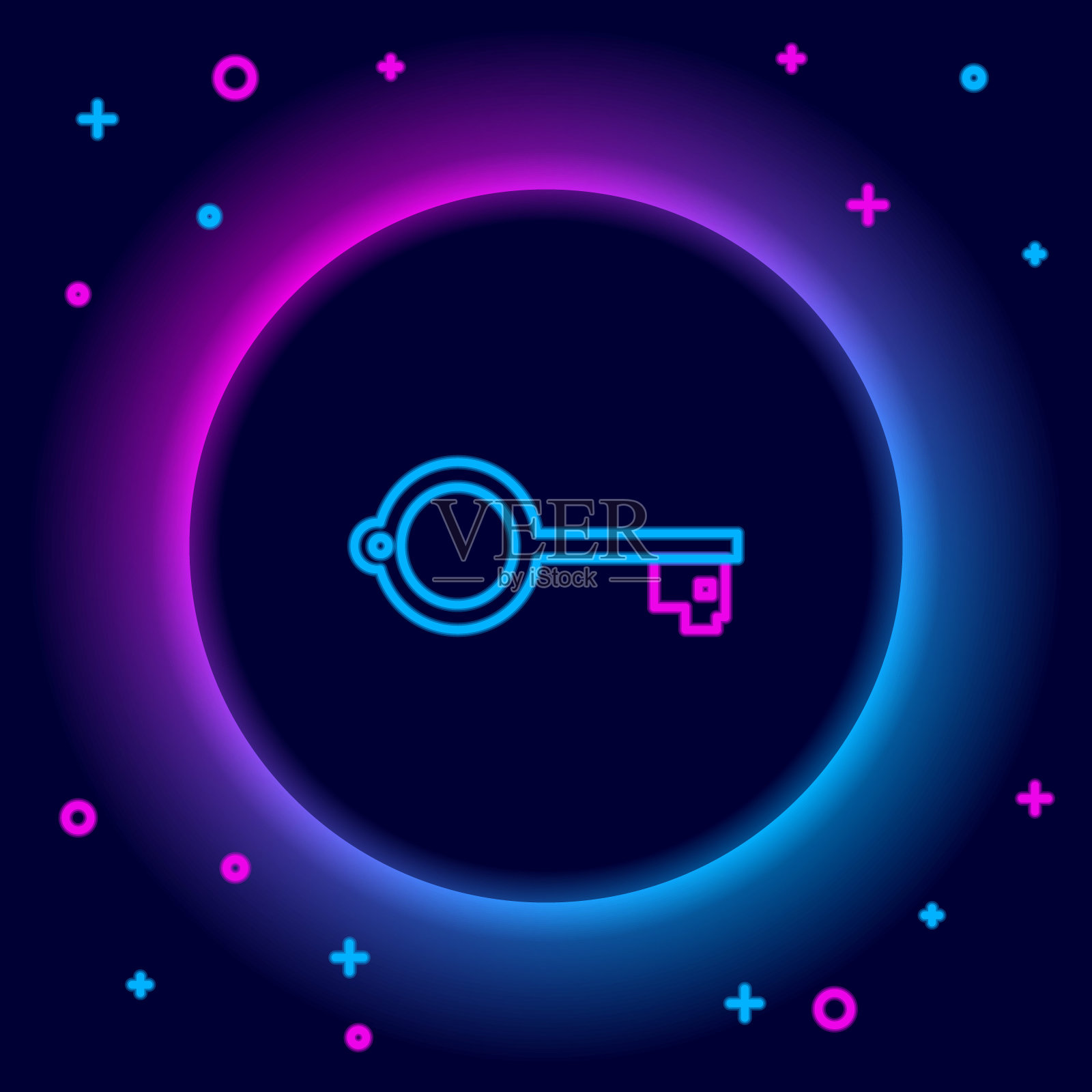 发光的霓虹灯线古代键的游戏图标孤立在黑色背景。色彩斑斓的轮廓的概念。向量插画图片素材