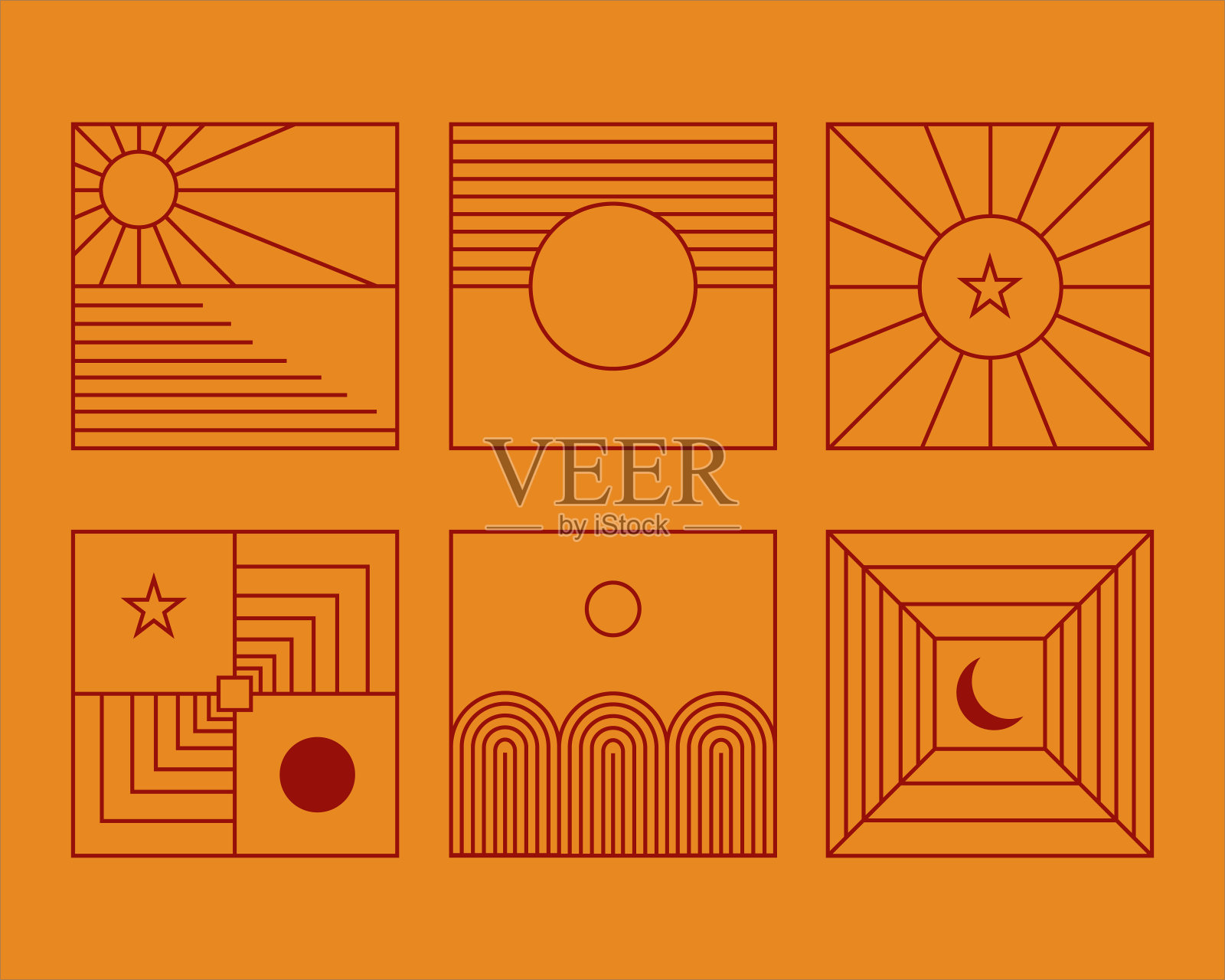 广场上的波西米亚插图。一套由线条构成的方形插图形成了波西米亚风格的设计。插画图片素材