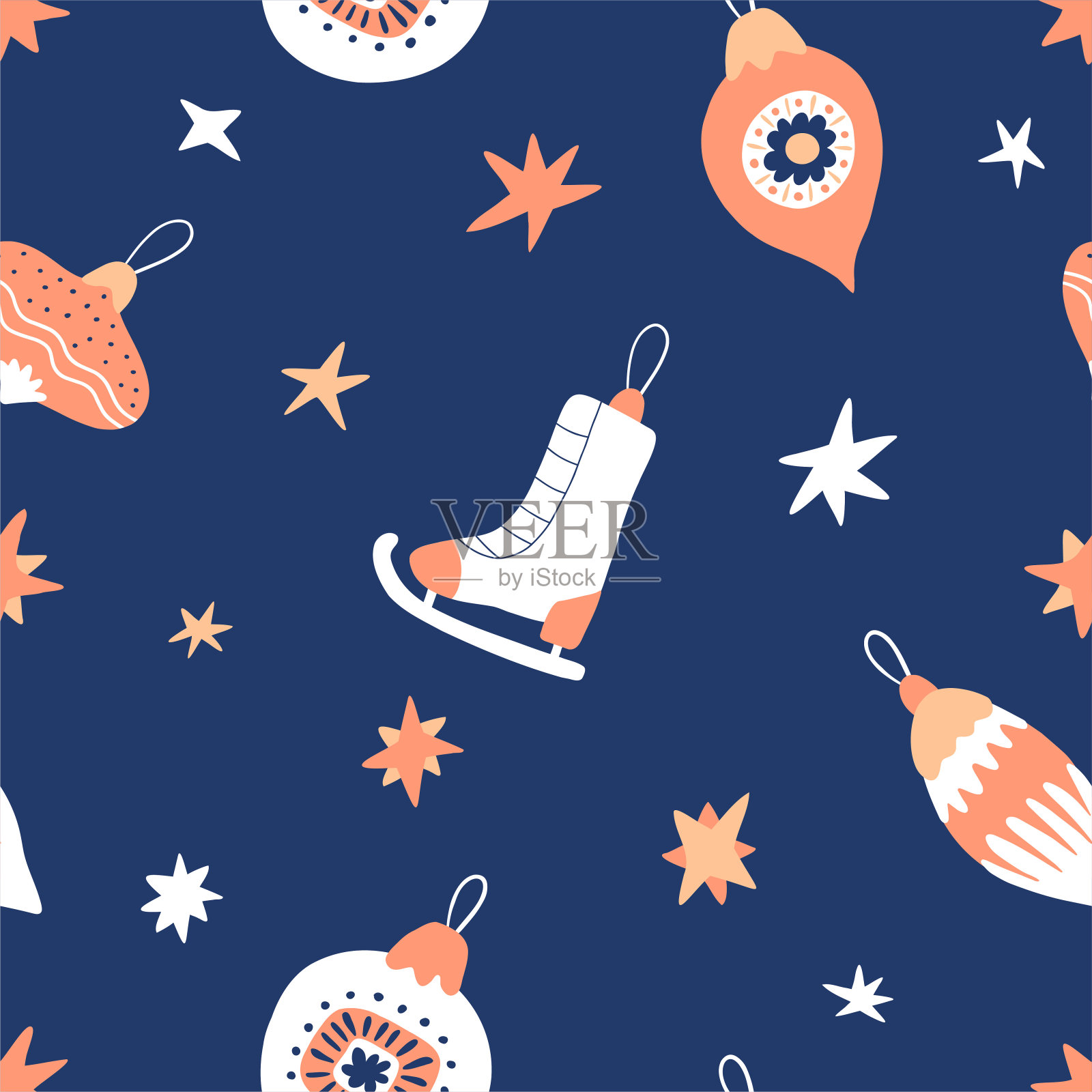 新年无缝图案圣诞树玩具，撞，球，冰柱。有礼品包装或织物设计背景。降临历的元素。手绘矢量插图。插画图片素材