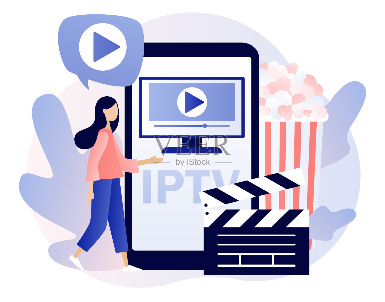 智能手机应用中的IPTV。小女人看数字媒体电视流。互联网协议电视。智能多媒体技术。现代平面卡通风格。白色背景上的矢量插图插画图片素材