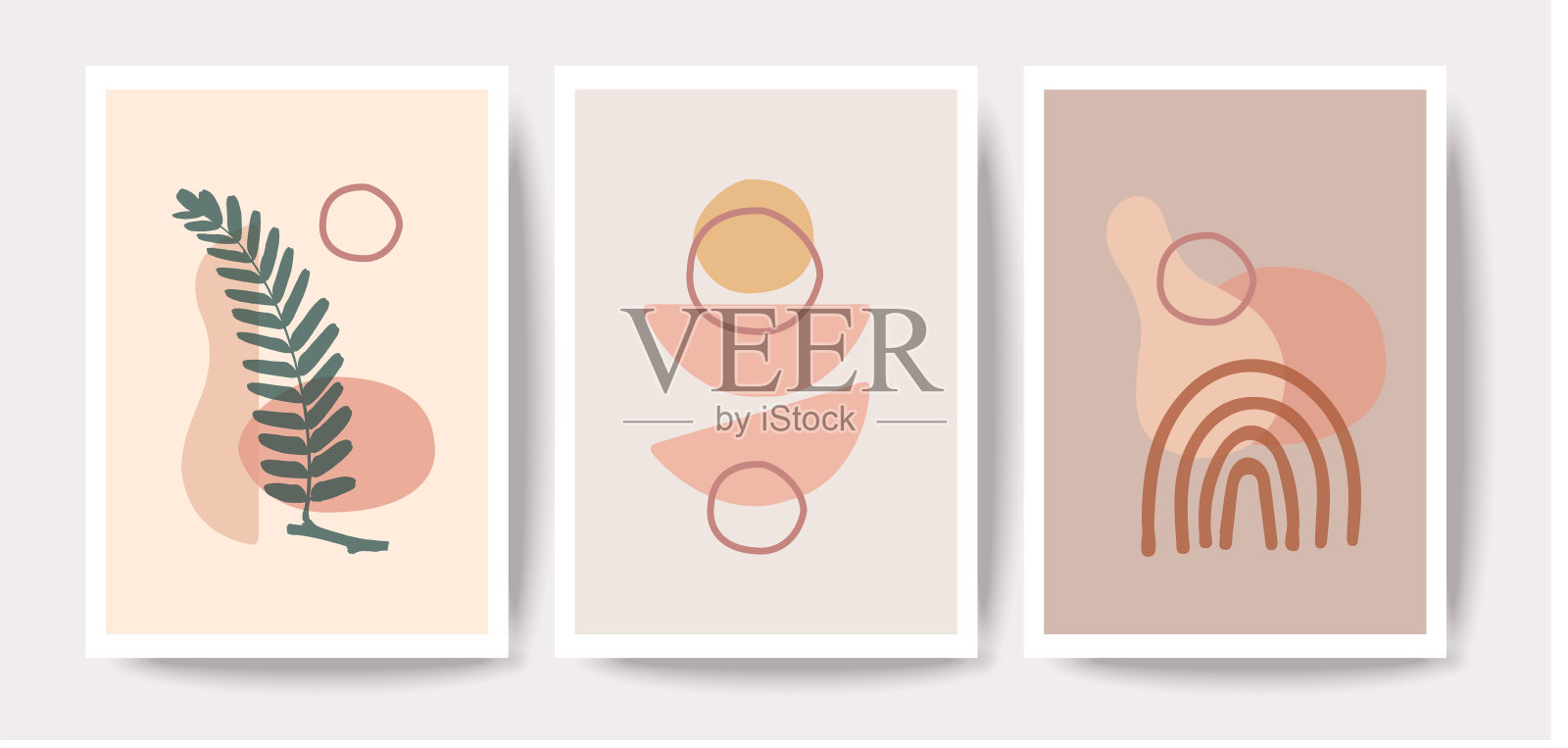 植物现代艺术版画，设置3，中性几何墙艺术，彩虹画廊艺术。厅的墙壁装饰插画图片素材