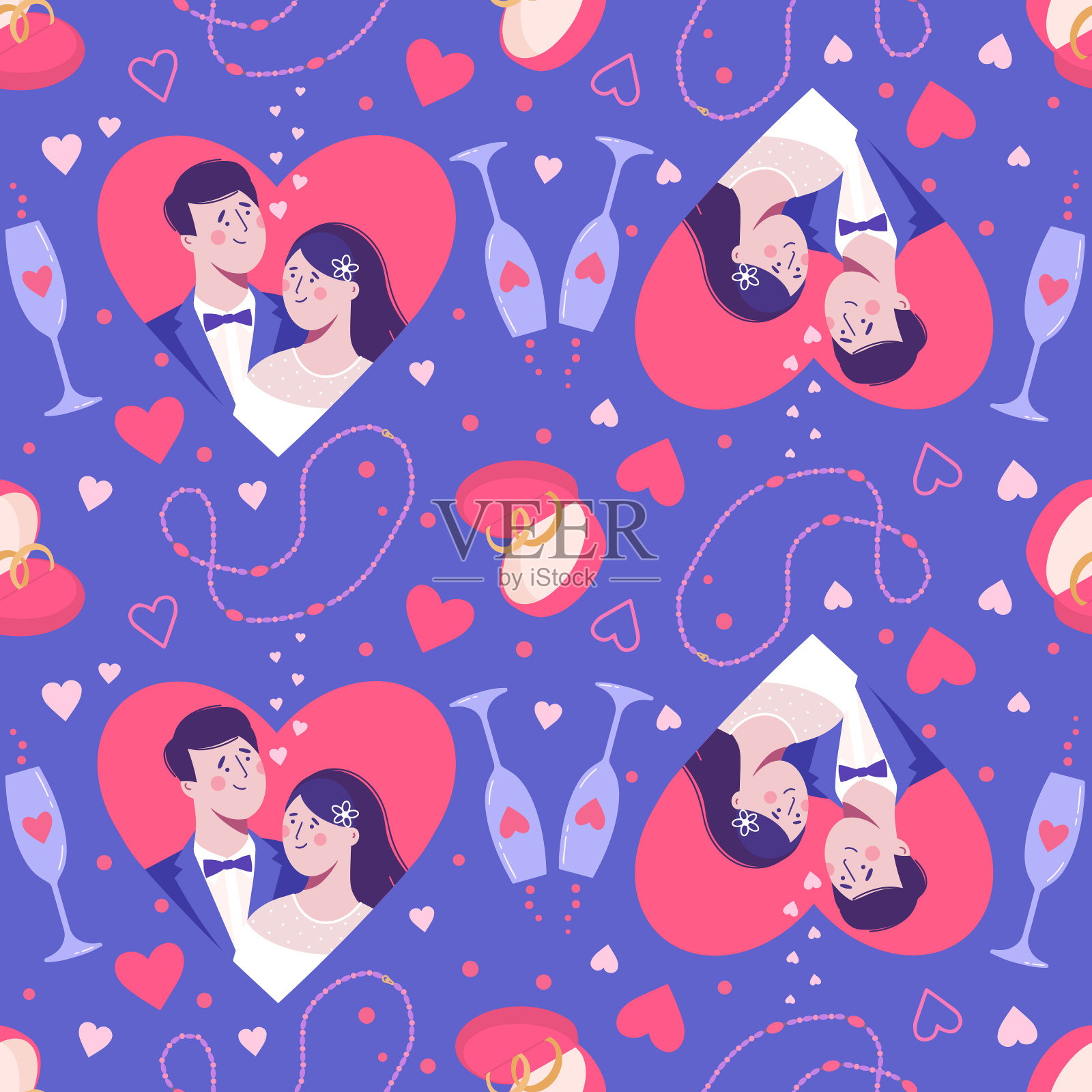 明亮的无缝图案在一个婚礼主题。新娘和新郎，可爱的一对，紫色背景上的戒指和心形。插画图片素材