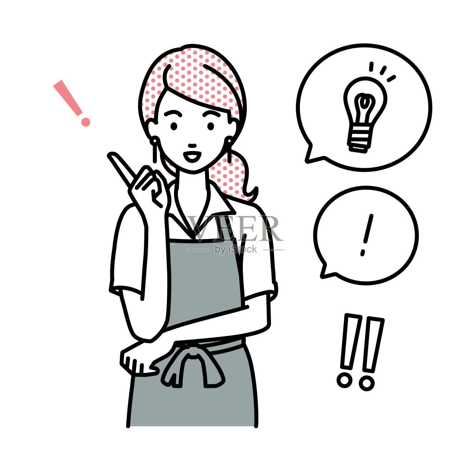 一位女士站在咖啡馆的围裙上，用手指着灯泡和感叹号，想出了一个好主意插画图片素材