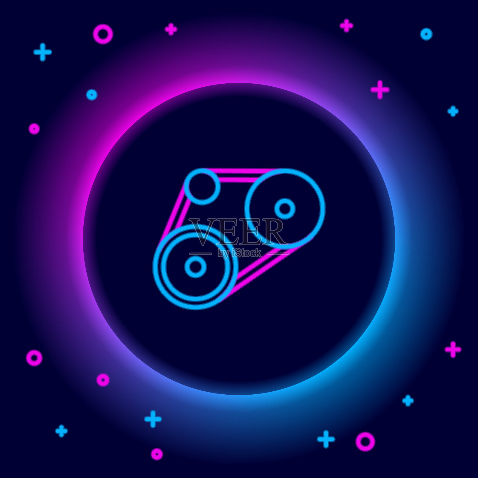 发光的霓虹灯线同步带套件图标孤立在黑色背景。色彩斑斓的轮廓的概念。向量插画图片素材