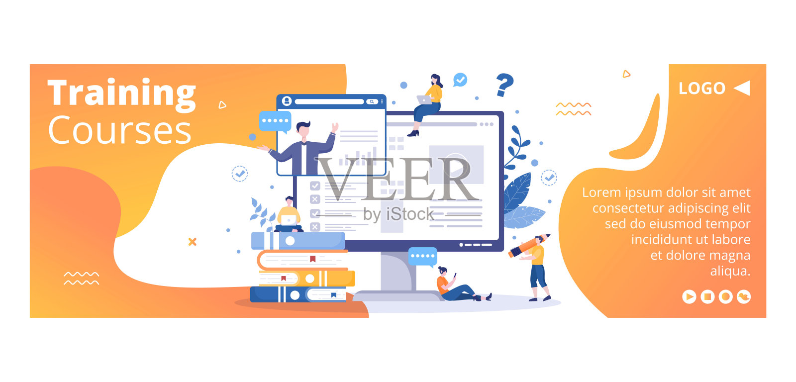 商业在线培训，研讨会或课程封面模板平面插图可编辑的广场背景的社交媒体或贺卡插画图片素材