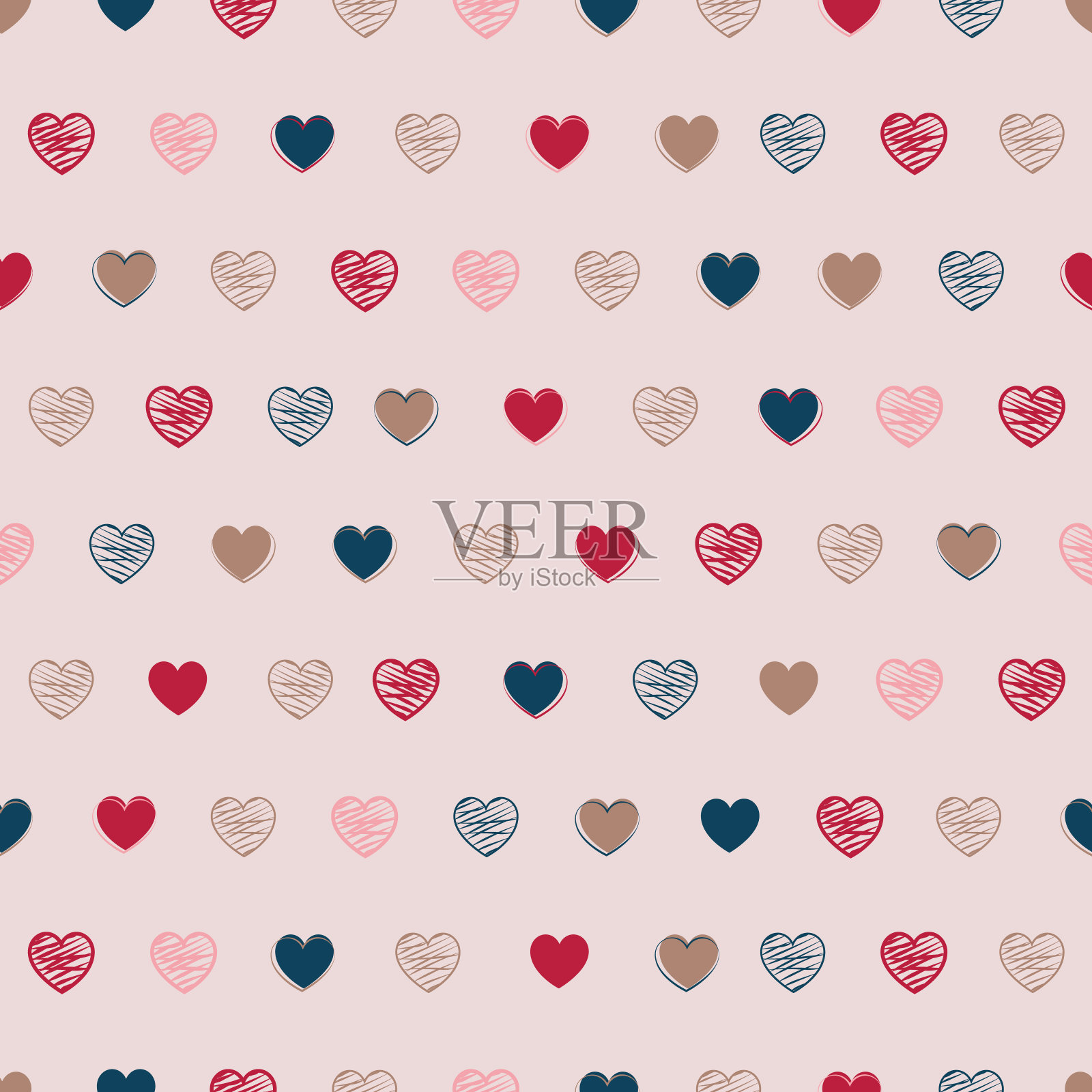 一排排可爱的彩色和划线的心插画图片素材