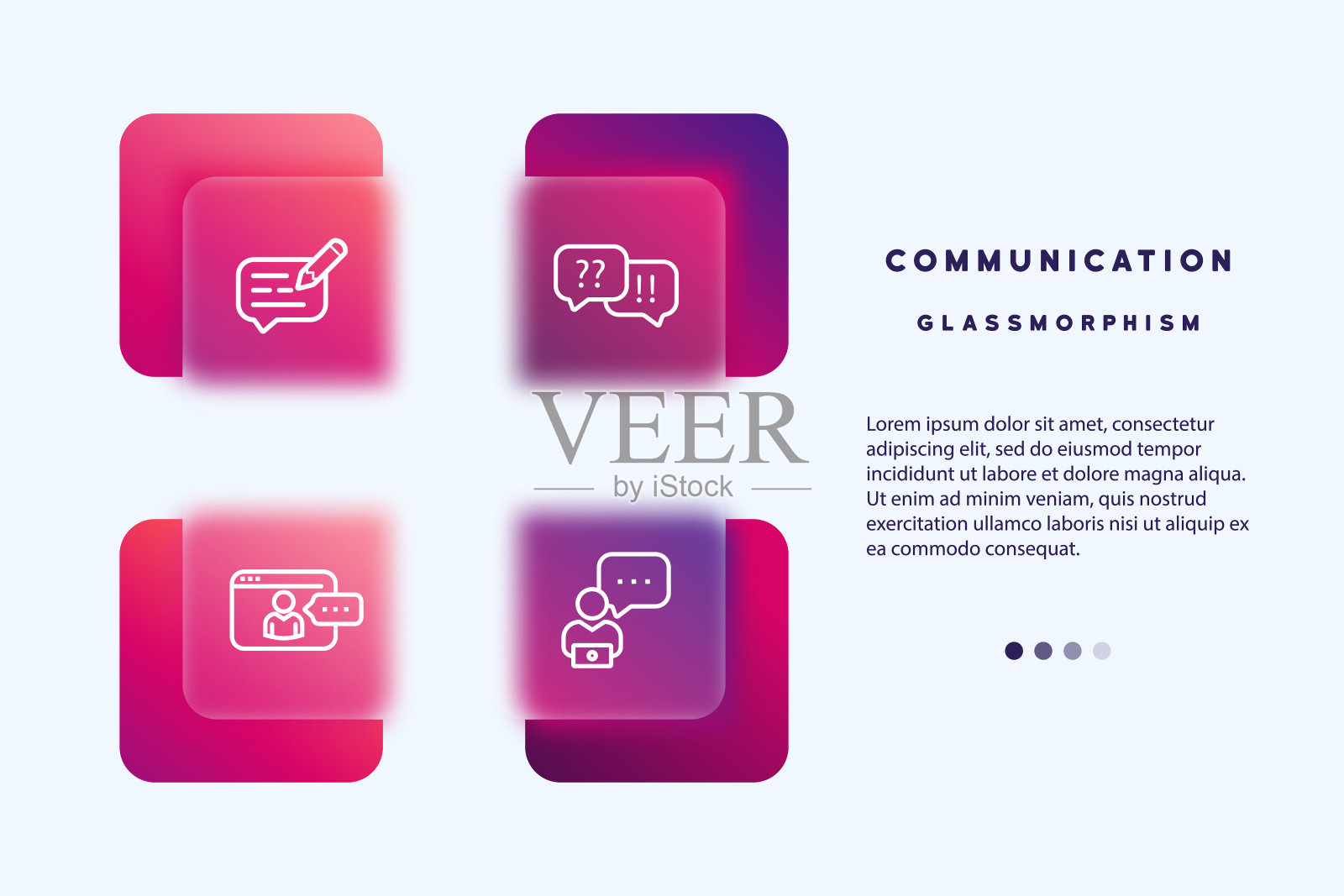 沟通的图标集。简单的一组业务人员相关的矢量线图标。包含在线会议、工作场所、商务交流等图标。Glassmorphism风格。设计模板素材