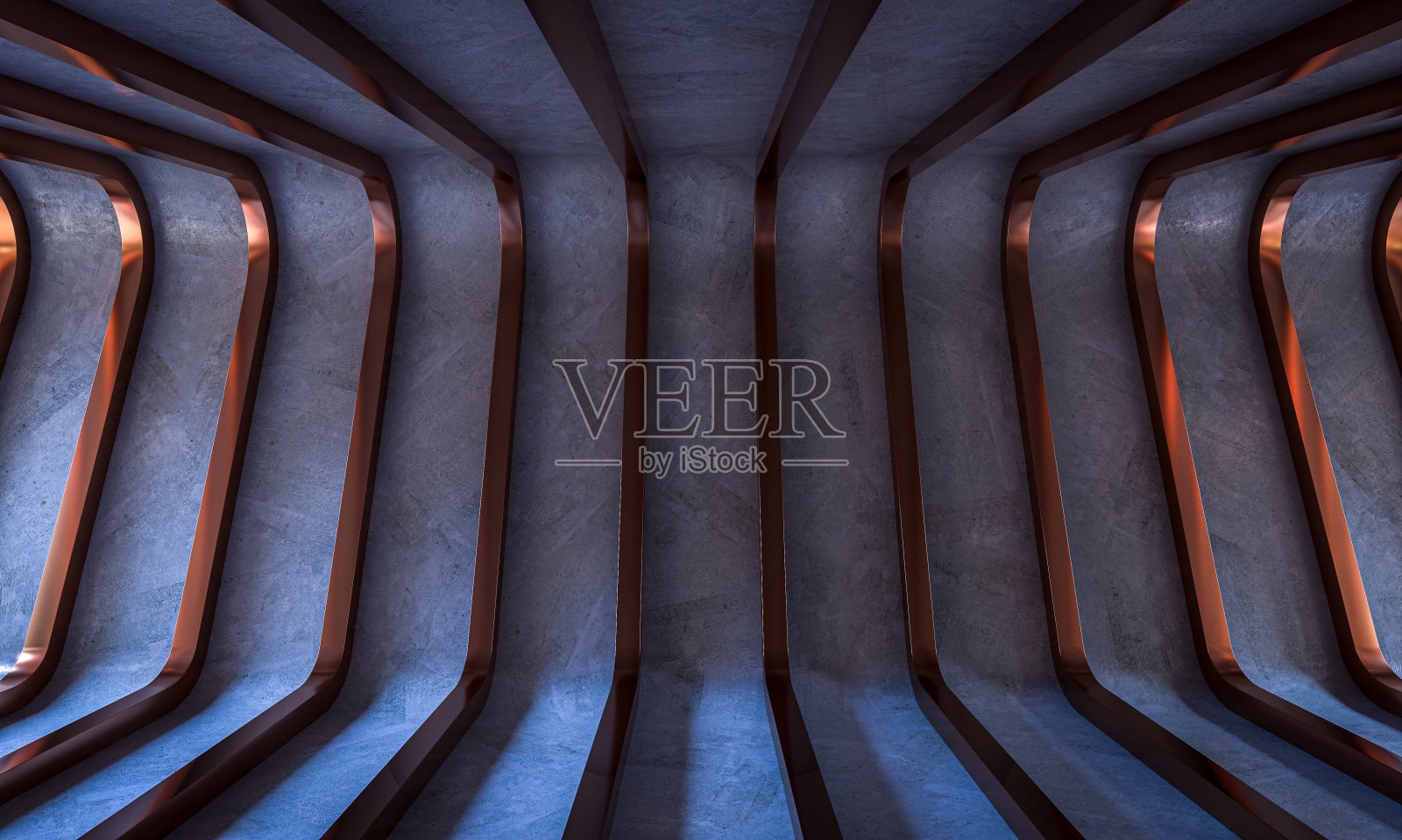 混凝土内部与铜金属拱门。照片摄影图片