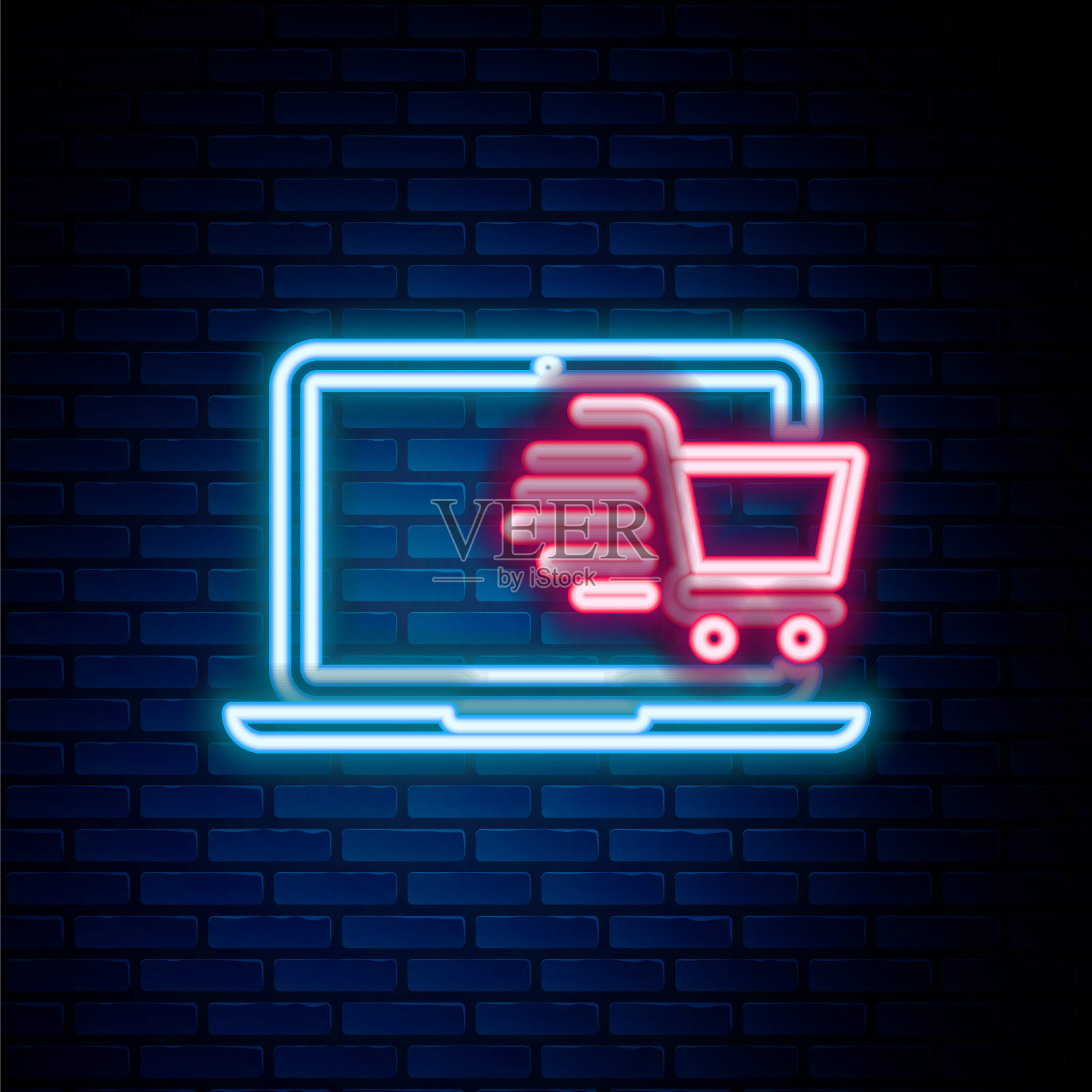 发光的霓虹灯线购物车屏幕笔记本电脑图标孤立在砖墙背景。概念电子商务，电子商务，在线商务营销。色彩斑斓的轮廓的概念。向量插画图片素材