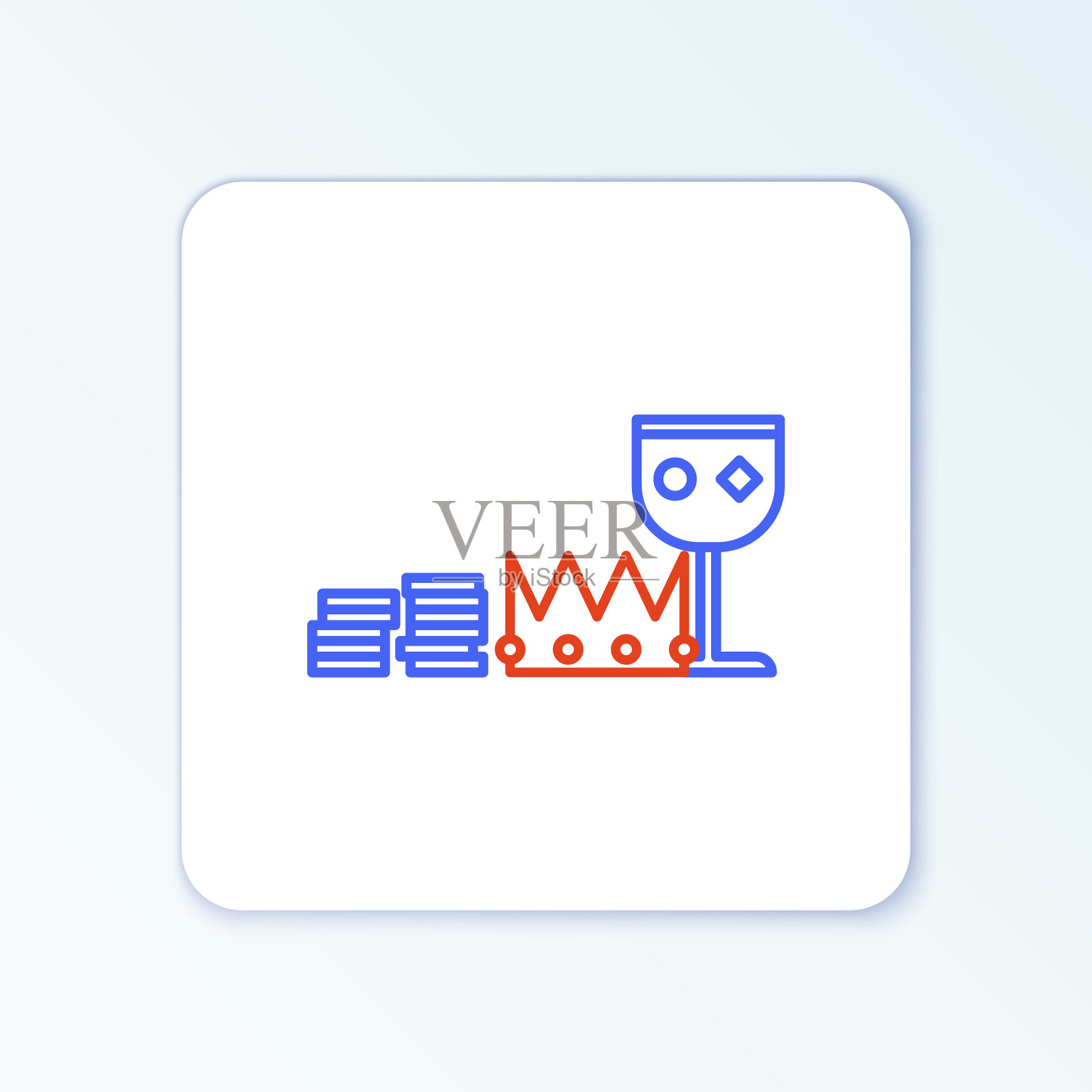 行宝藏和财富图标孤立在白色背景上。财宝，金子，硬币，珠宝，王冠，金杯。色彩斑斓的轮廓的概念。向量图标素材