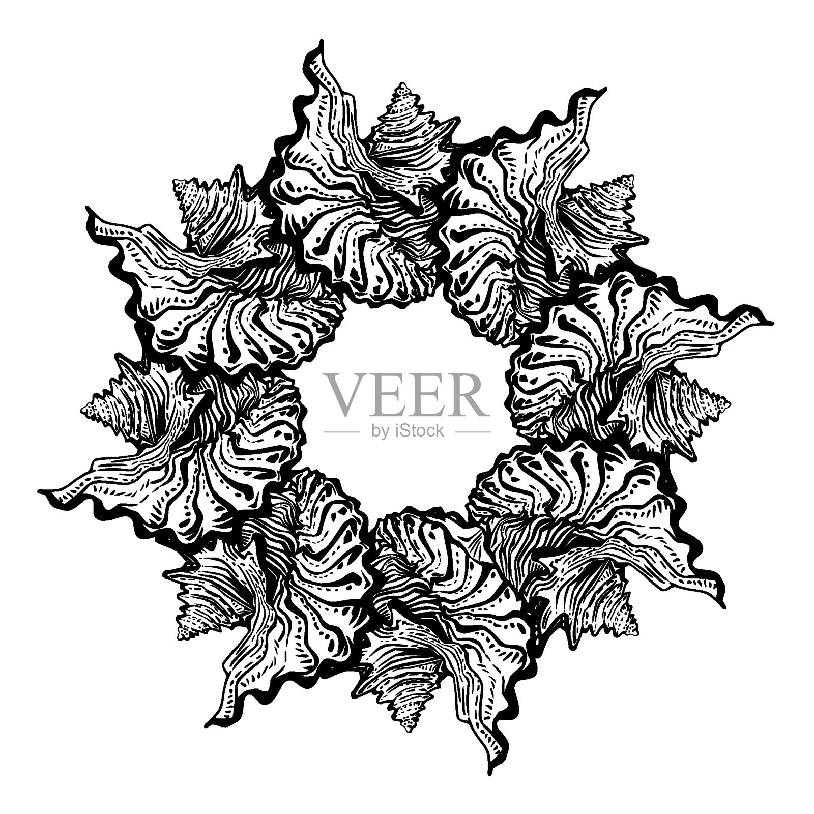 华丽的黑色和白色圆形曼陀罗框架从贝壳孤立在白色。插画图片素材