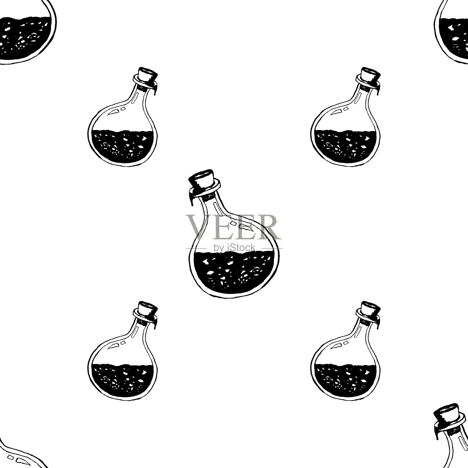 无缝图案化学试管女巫毒药向量极简简单的平面插图。实验化学烧瓶科学隔离白色背景。插画图片素材