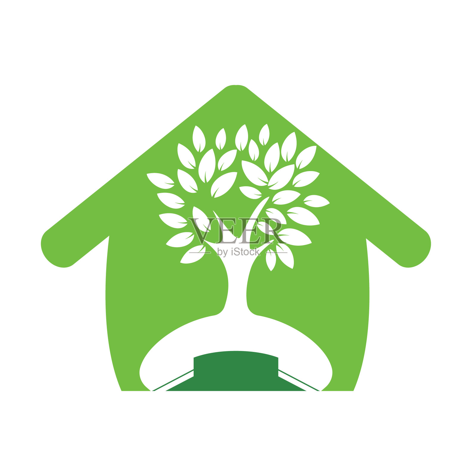 自然召唤矢量标志设计。手机树与家图标设计模板。插画图片素材