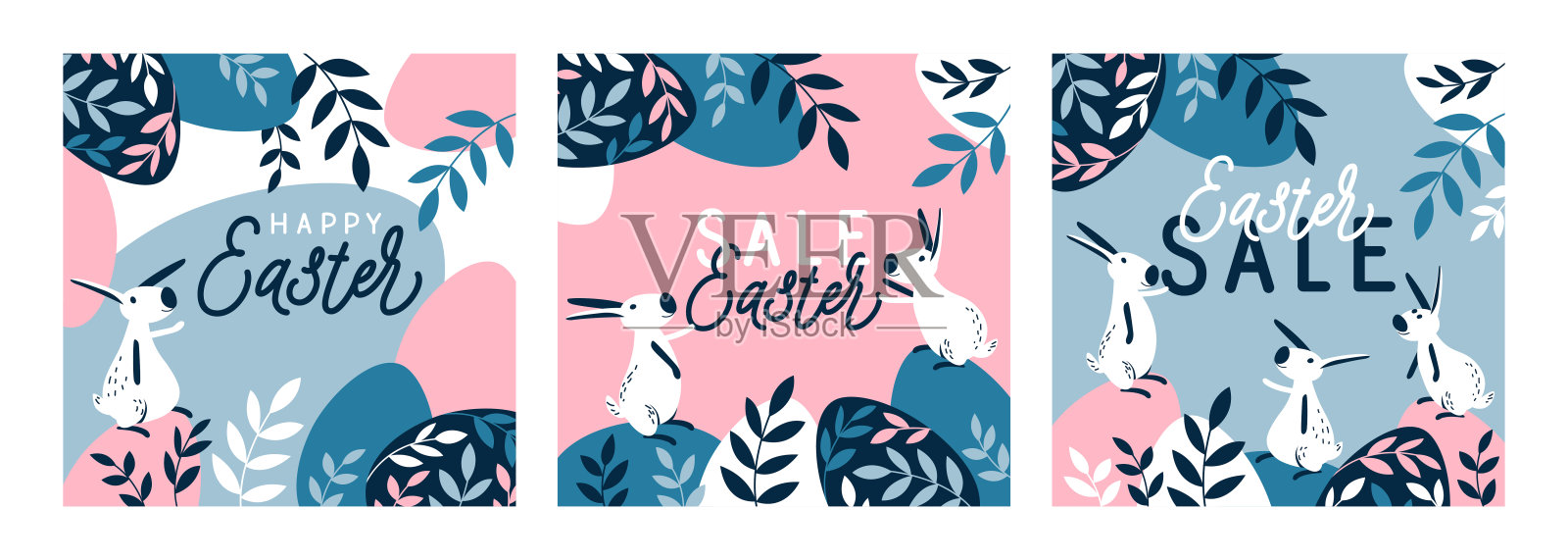 复活节贺卡，带有鸡蛋和兔子的横幅插画图片素材