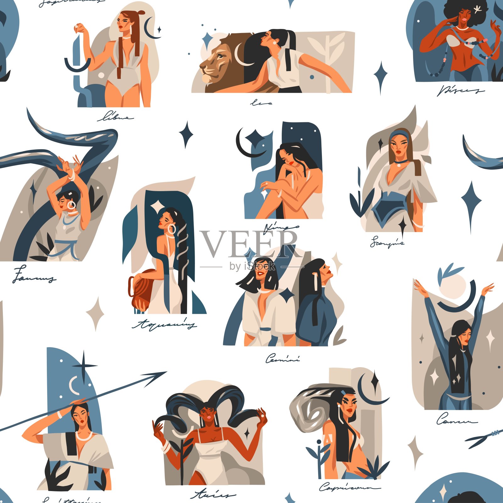 手绘矢量股票抽象平面图形插图十二星座占星术当代无缝图案与美丽神奇的女性角色，剪纸艺术波西米亚设计。插画图片素材