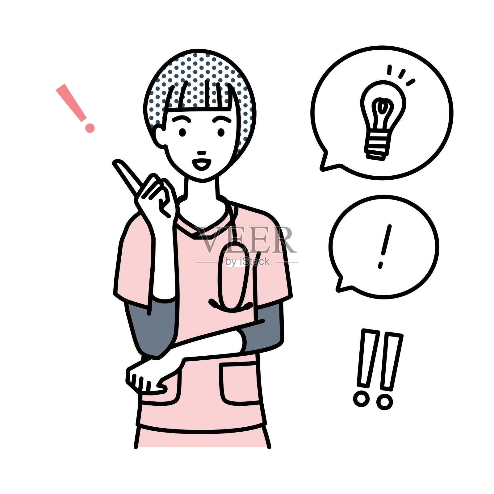 一名女护士得到了一个伟大的想法，站在指向手势灯泡和感叹号设置插画图片素材