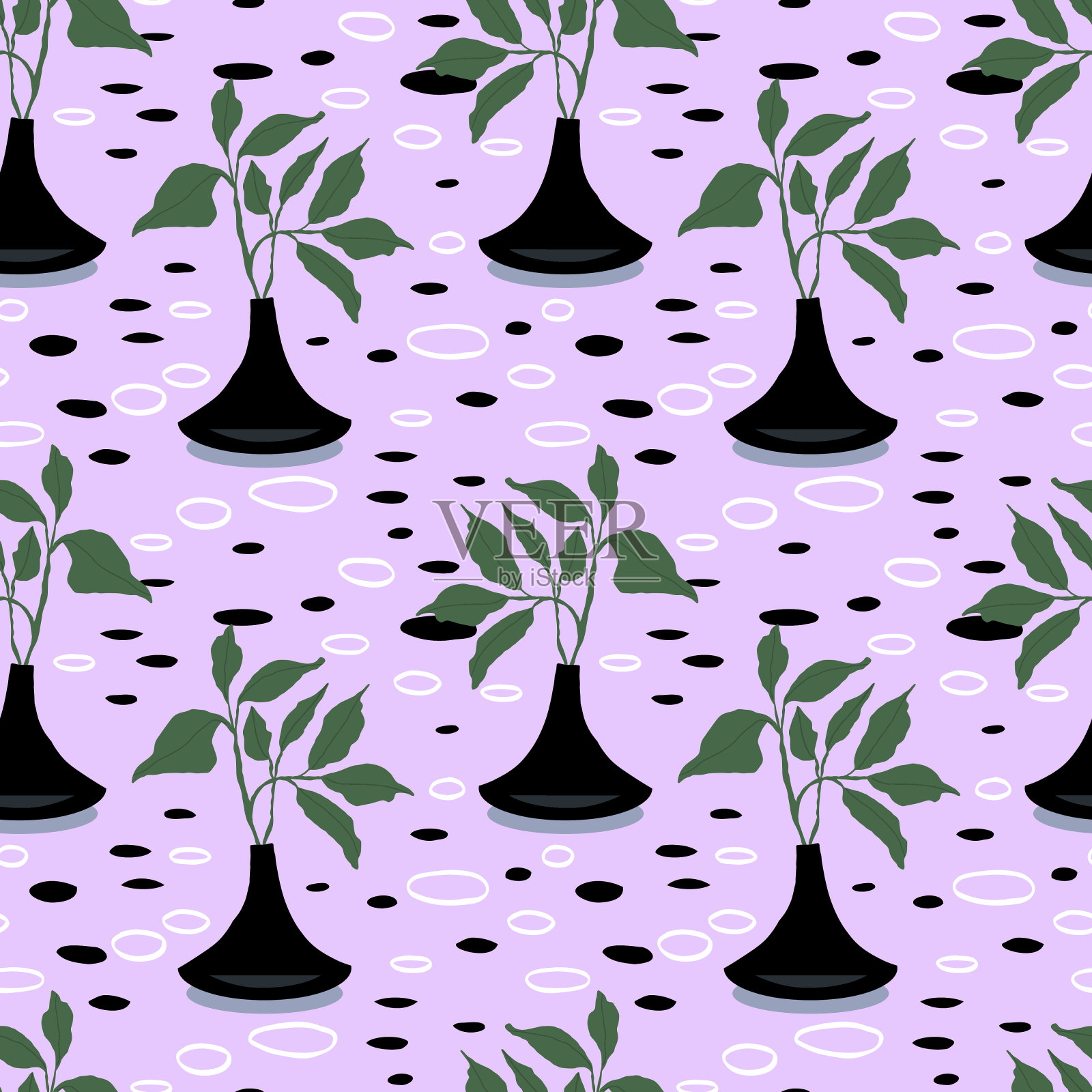 有斑点的花瓶里的室内植物。美丽的手绘无缝图案。家庭装饰和园艺。植物区系的概念。室内植物。现代设计元素。家里的花。插画图片素材