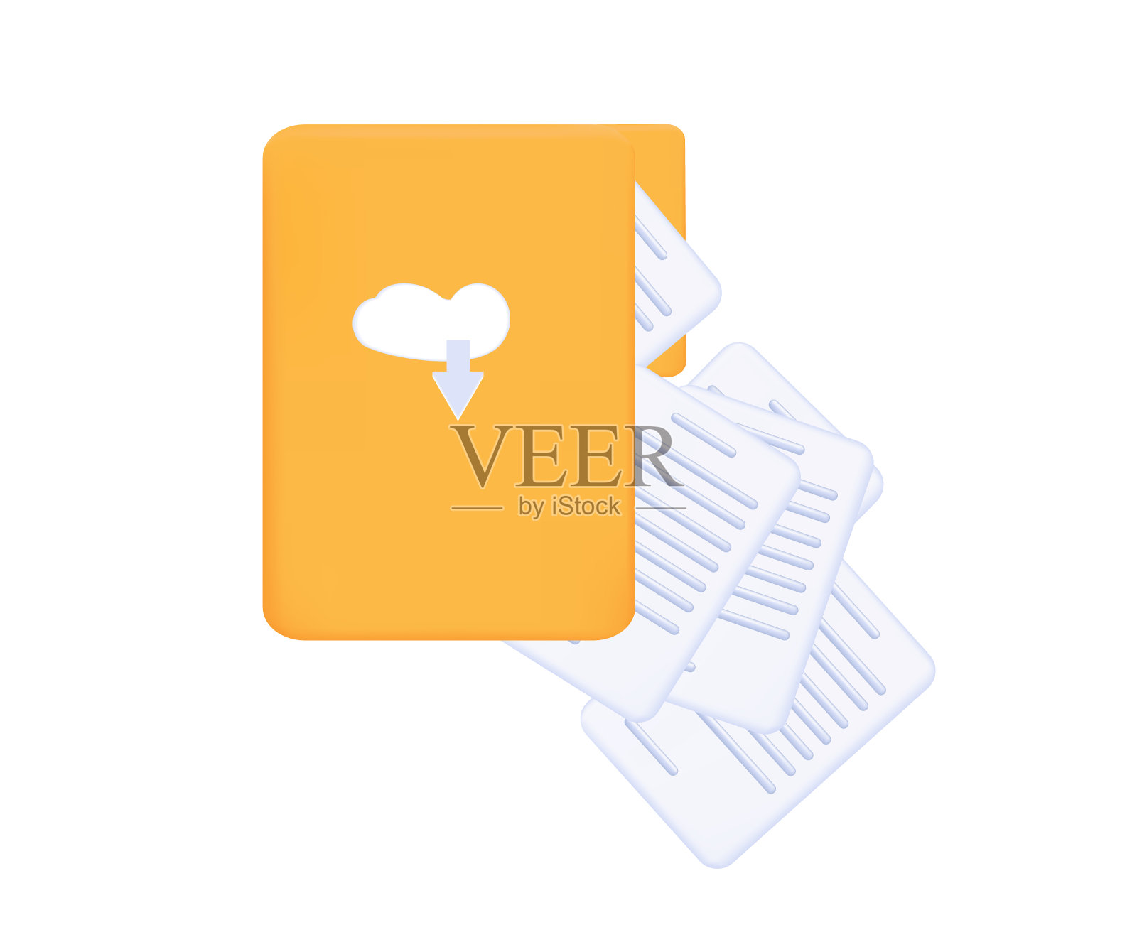 电子文件夹3 d。加载数据到存档。上传已处理、接受或批准的文件。大量的页面被上传到云端。在一个文件夹中保存和搜索文档。向量。插画图片素材