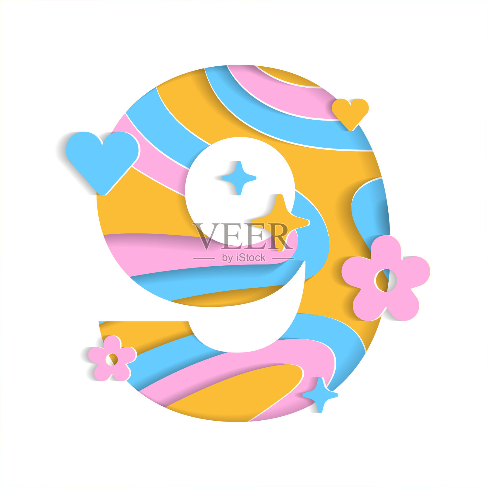 9数字数字摘要纸生动的花心闪耀闪耀橙粉蓝山地理等高线地图3D层线裁剪卡网横幅插画图片素材