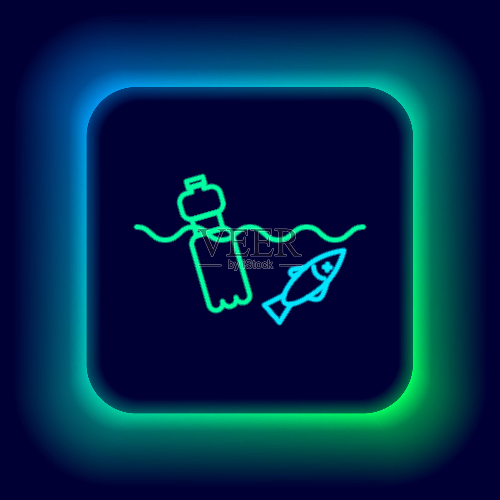 发光的霓虹线在黑色背景上孤立的海洋污染问题图标。海洋上的垃圾、塑料、塑料袋。色彩斑斓的轮廓的概念。向量插画图片素材