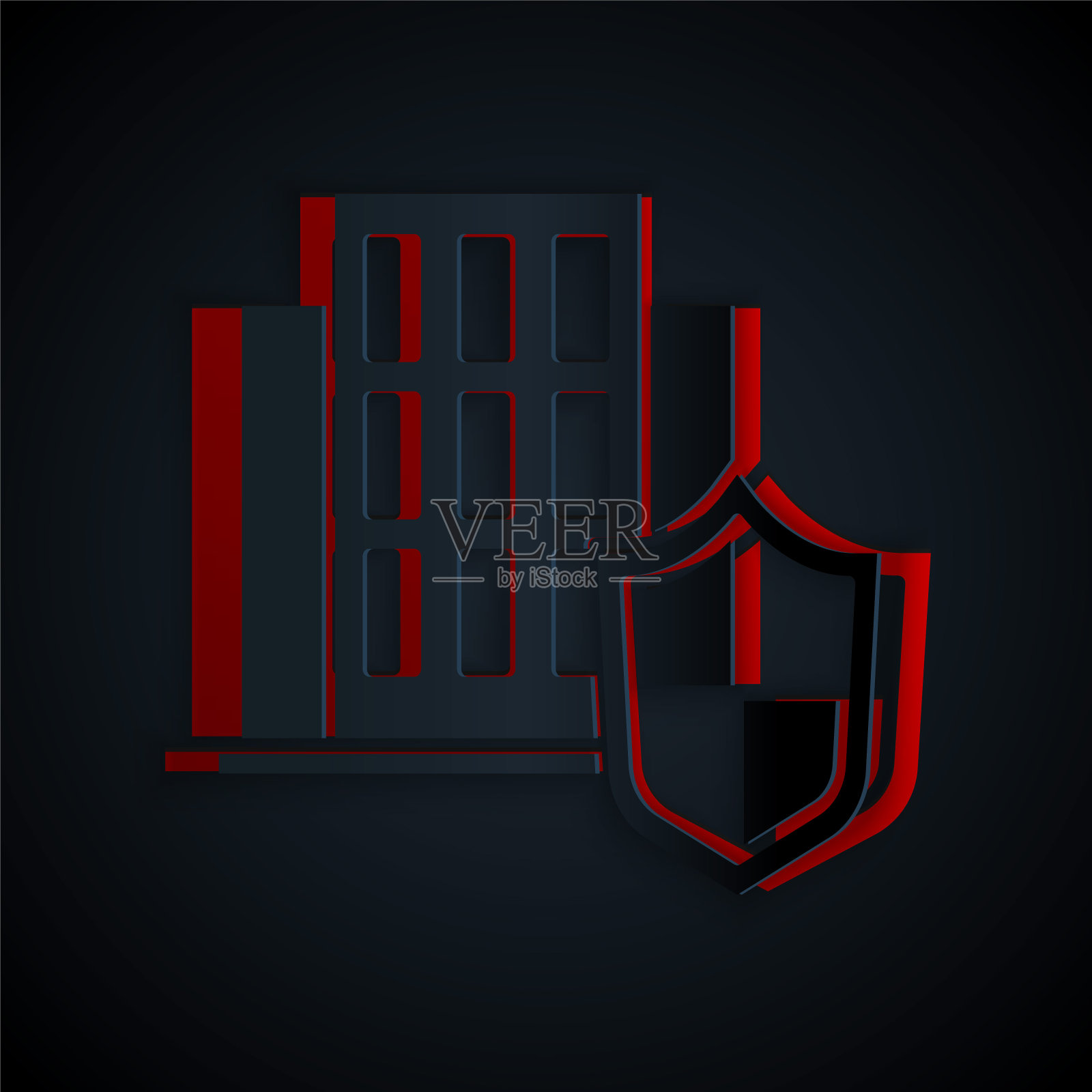 剪纸房子与盾图标孤立在黑色背景上。保险的概念。安全，安全，保护，保护理念。纸艺术风格。向量插画图片素材