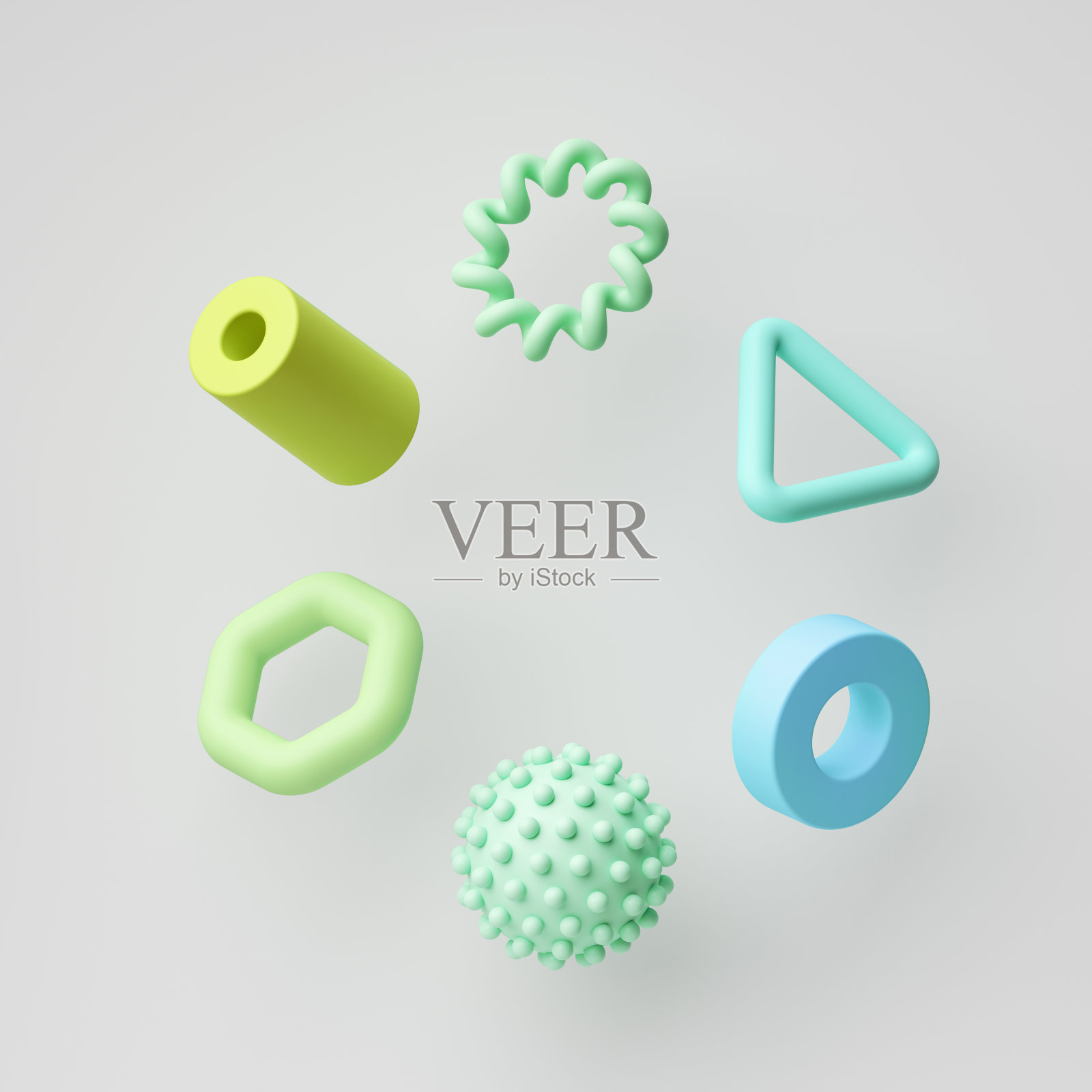 3d渲染，抽象的几何形状孤立在白色背景，彩色的绿色蓝色组合元素悬浮。一组不同的符号和符号照片摄影图片