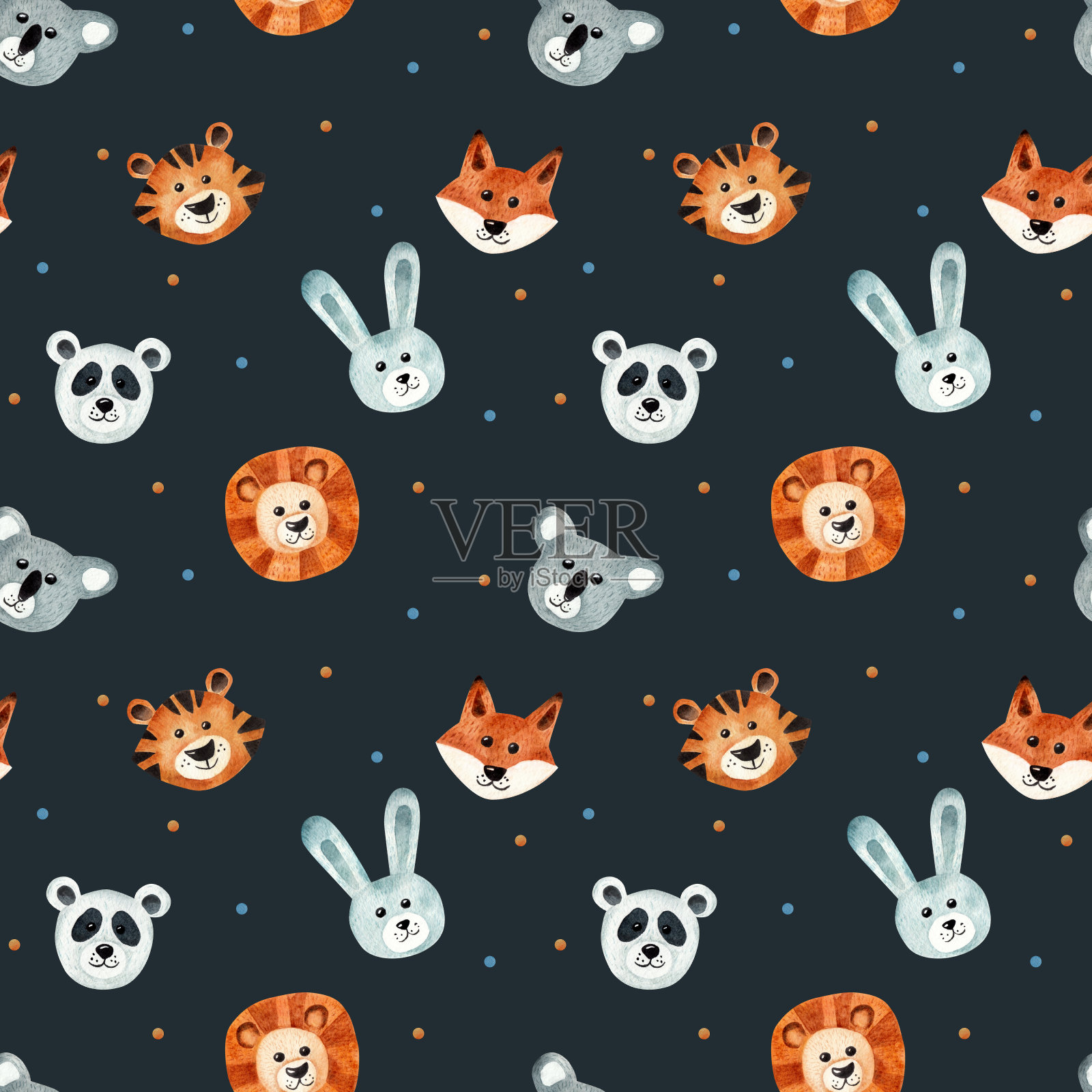 动物脸，水彩画。无缝模式。儿童插图设计元素图片