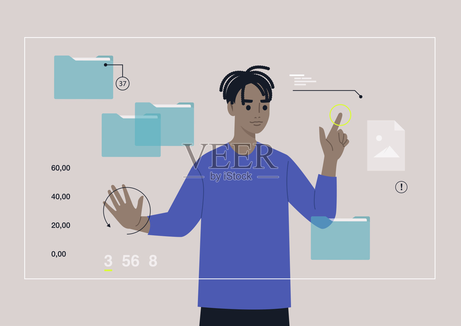 一个年轻的非洲男性角色正在研究一个带有文件夹和文件的增强现实工作场所，一个透明的未来主义屏幕插画图片素材
