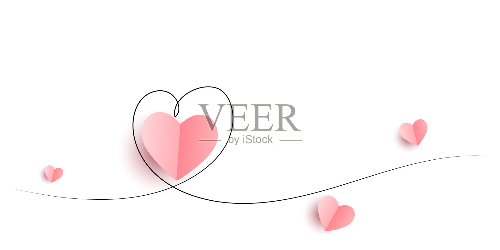 白色背景上的逼真纸质心形边框连续线条画：适用于情人节、女性、母亲节问候邀请平面设计插画图片素材