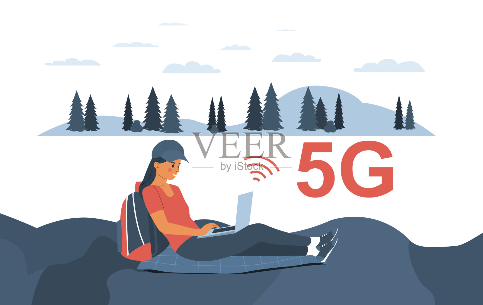 使用5g网络在户外工作的女性。矢量插图。插画图片素材