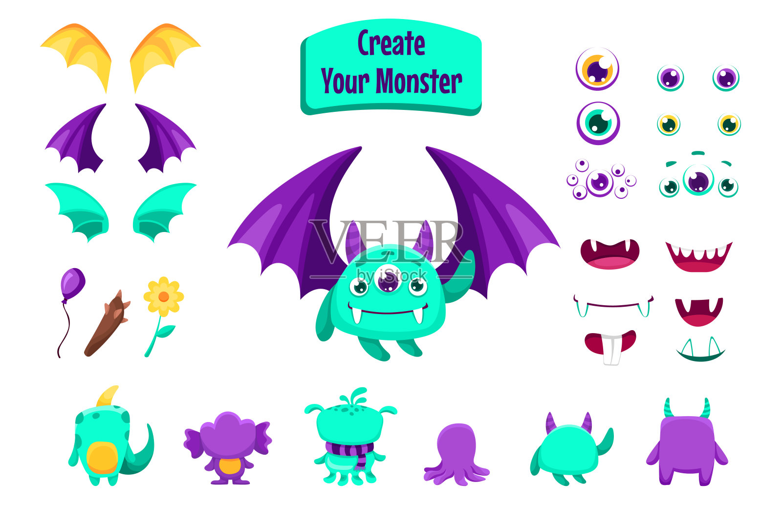 创造你的怪物，收集可爱的外星人和有趣的生物。卡通人物创造工具包与所有元素和身体部位。向量的儿童插图插画图片素材