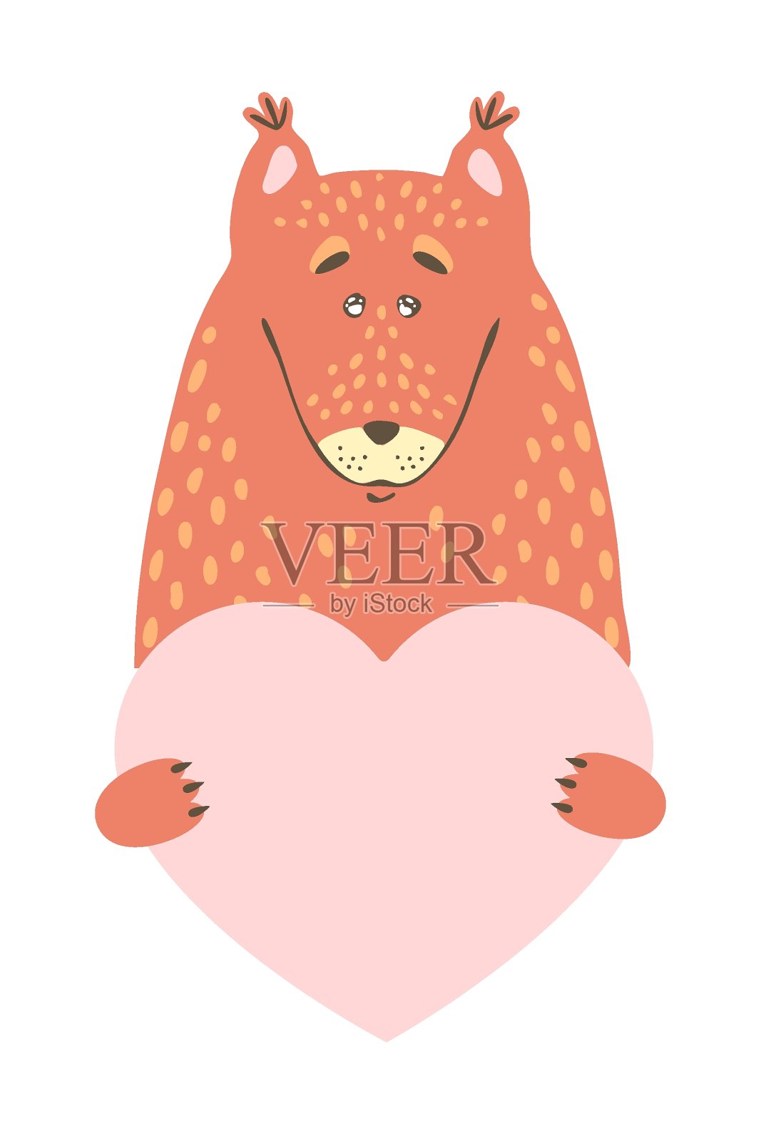 可爱的卡通动物抱着一个心形标志与副本空间。设置情人节贺卡横幅邀请传单小册子。卡通手绘风格。小动物爱宠物，爱的宣言插画图片素材