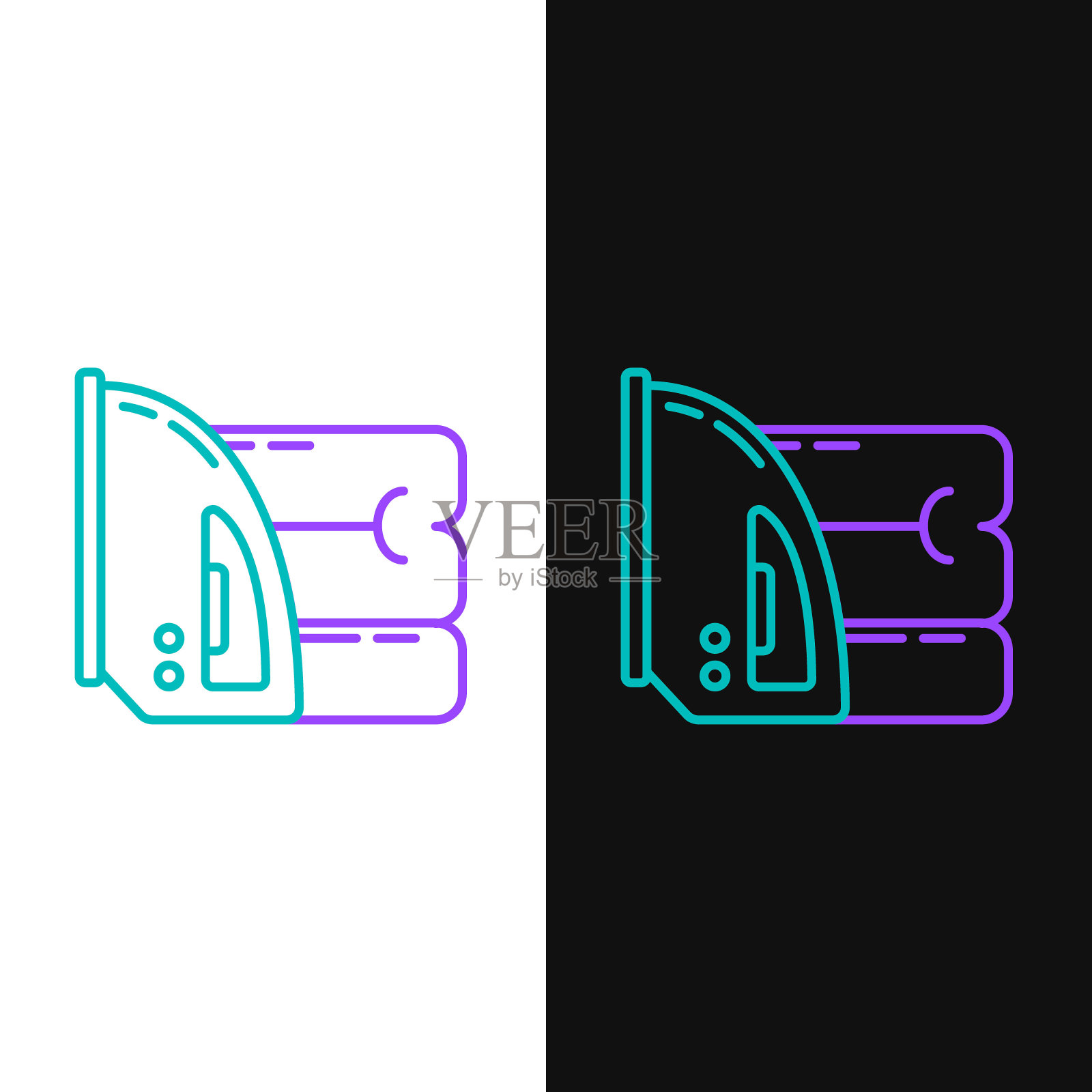 绿色和紫色线电熨斗和毛巾图标孤立在白色和黑色背景。蒸汽熨斗。矢量图插画图片素材